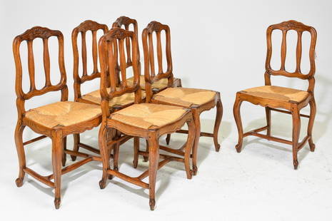 6 Louis XV Style Oak Rush Seat Chairs: 6 French Louis XV Style Oak Rush Seat Chairs - 39 in tall x 20 x 19