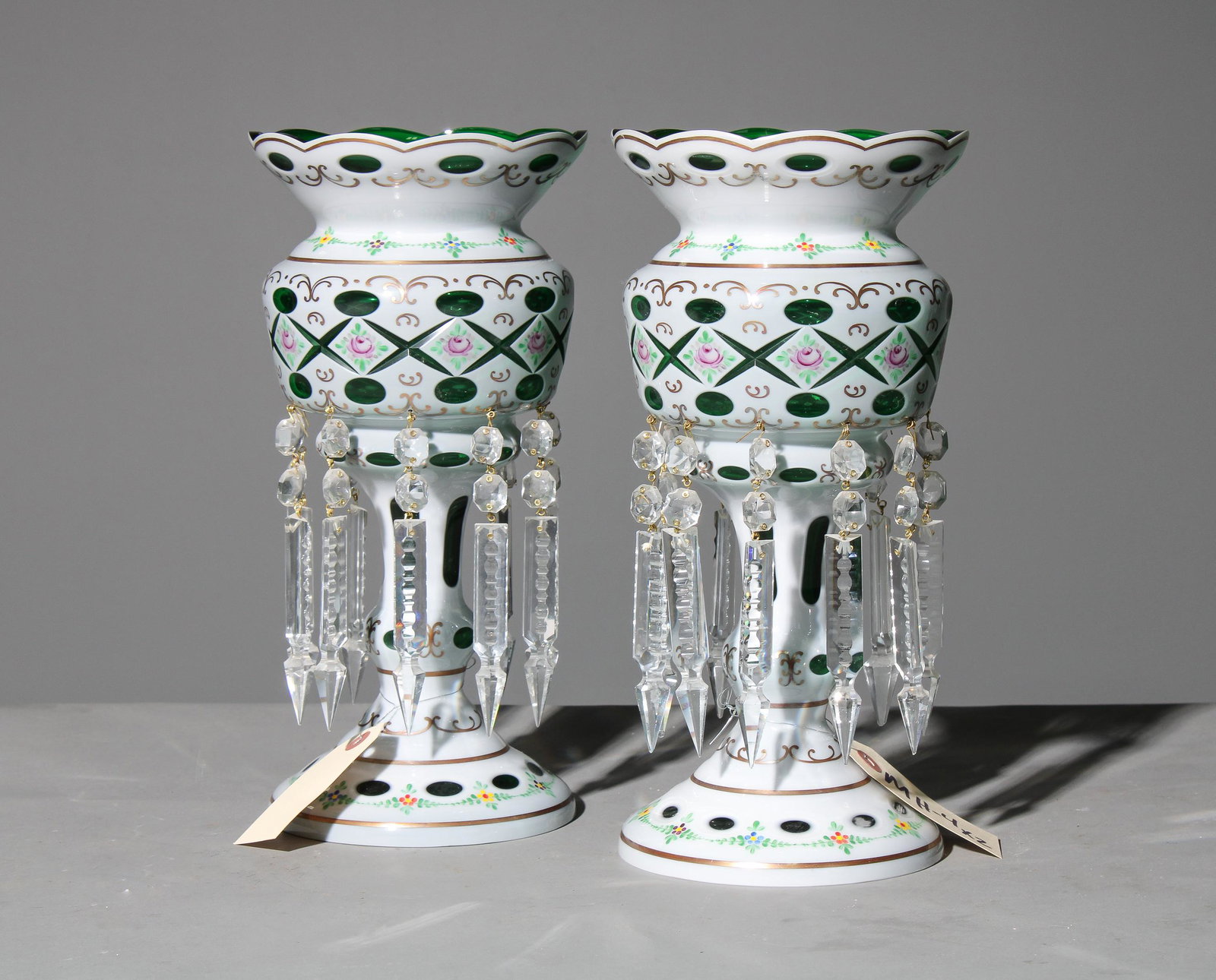 Pair of French White / Green Lusters with Crystals: Pair of French White / Green Lusters with Cut Crystals - 13 in tall x 7 inch diameter