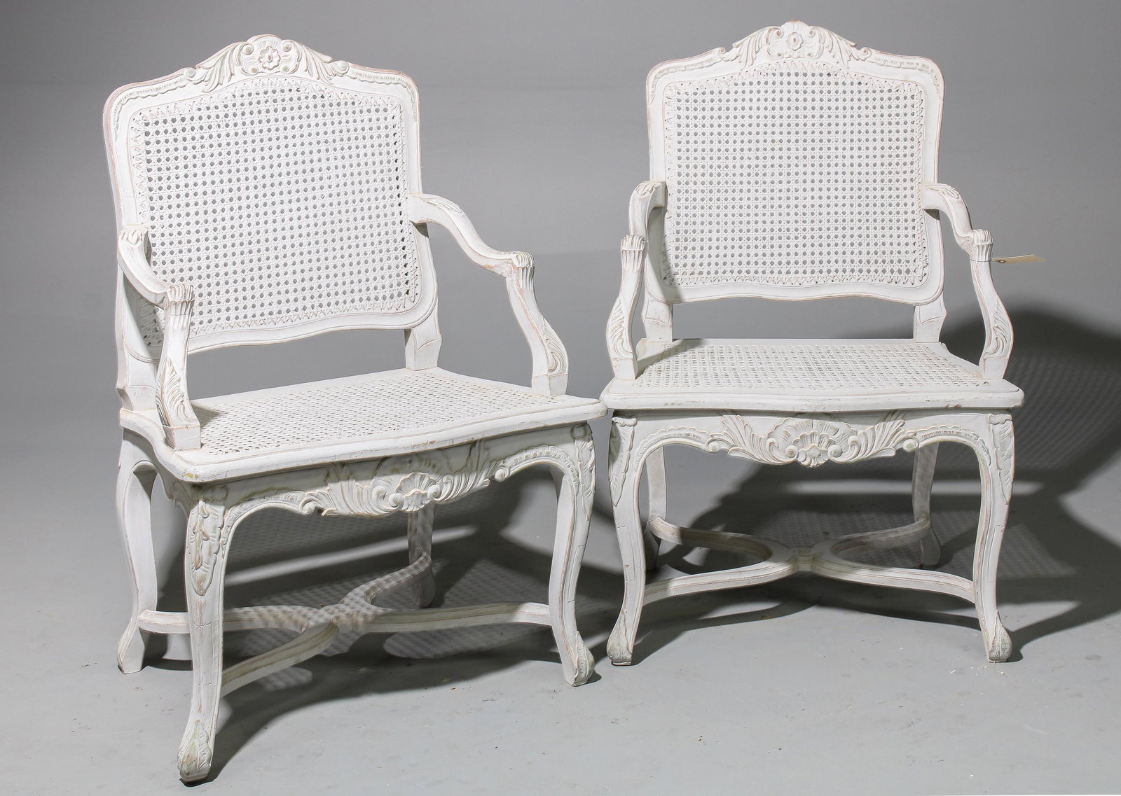 2 Louis XV Style Painted Cane Arm Chairs: 2 Louis XV Style Painted Cane Arm Chairs - 39 in tall 27 22
