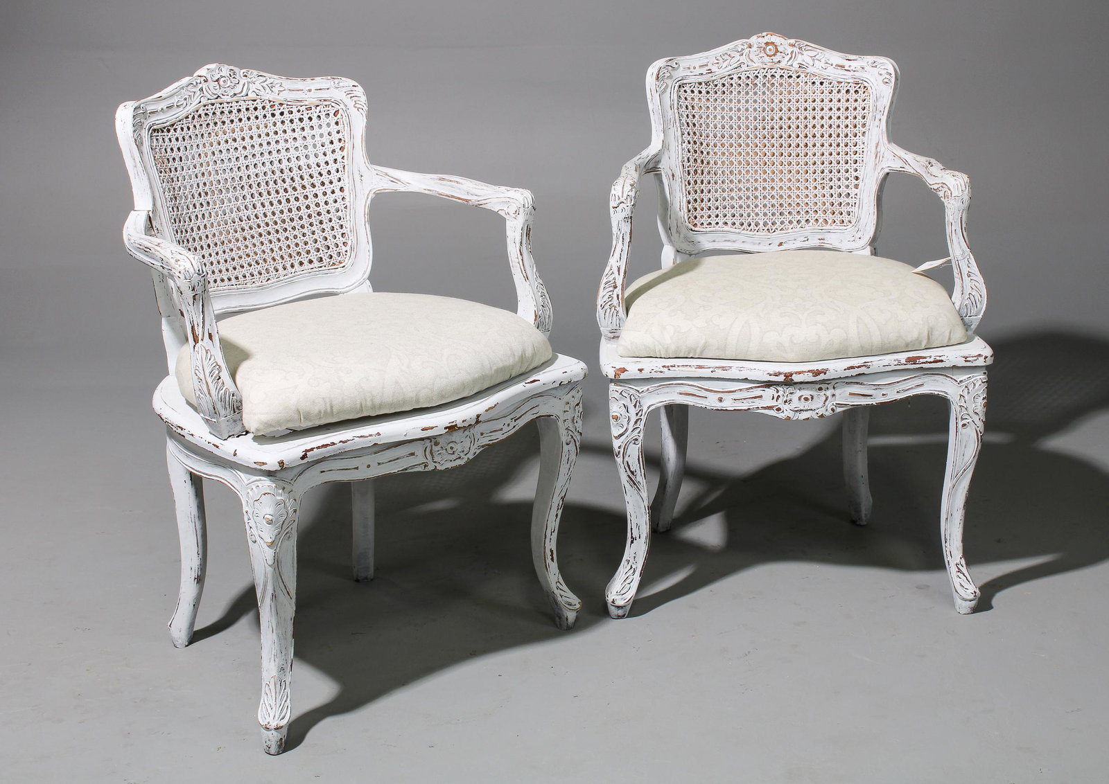 2 Louis XV Style Painted Cane Arm Chairs: 2 Louis XV Style Painted Cane Arm Chairs -36 in tall x 26 x 23
