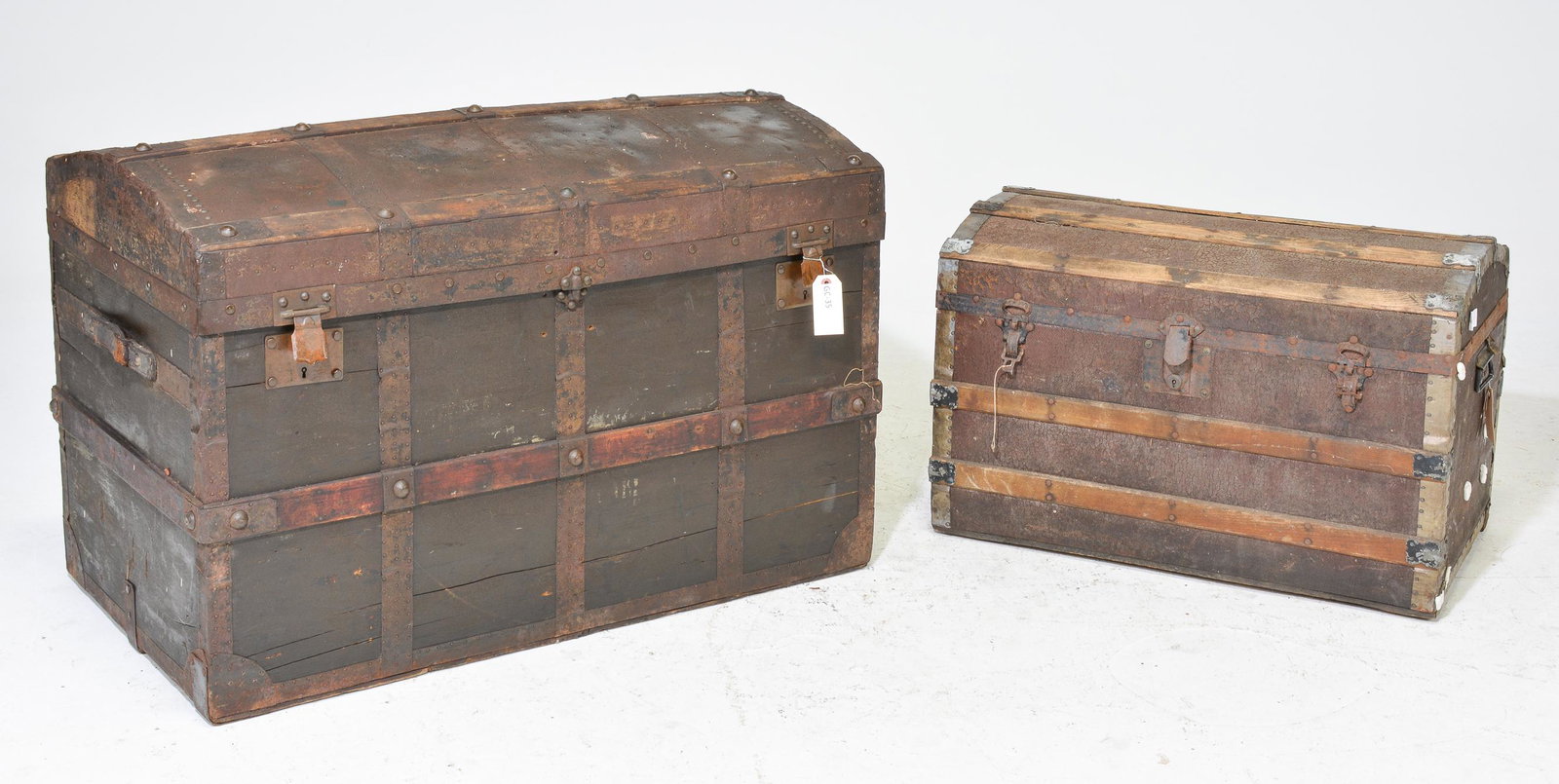 2 English Dome Top Trunks: 2 English Dome Top Trunks - 27 in tall x 40 x 24 and 20 in tall x 30 x 18