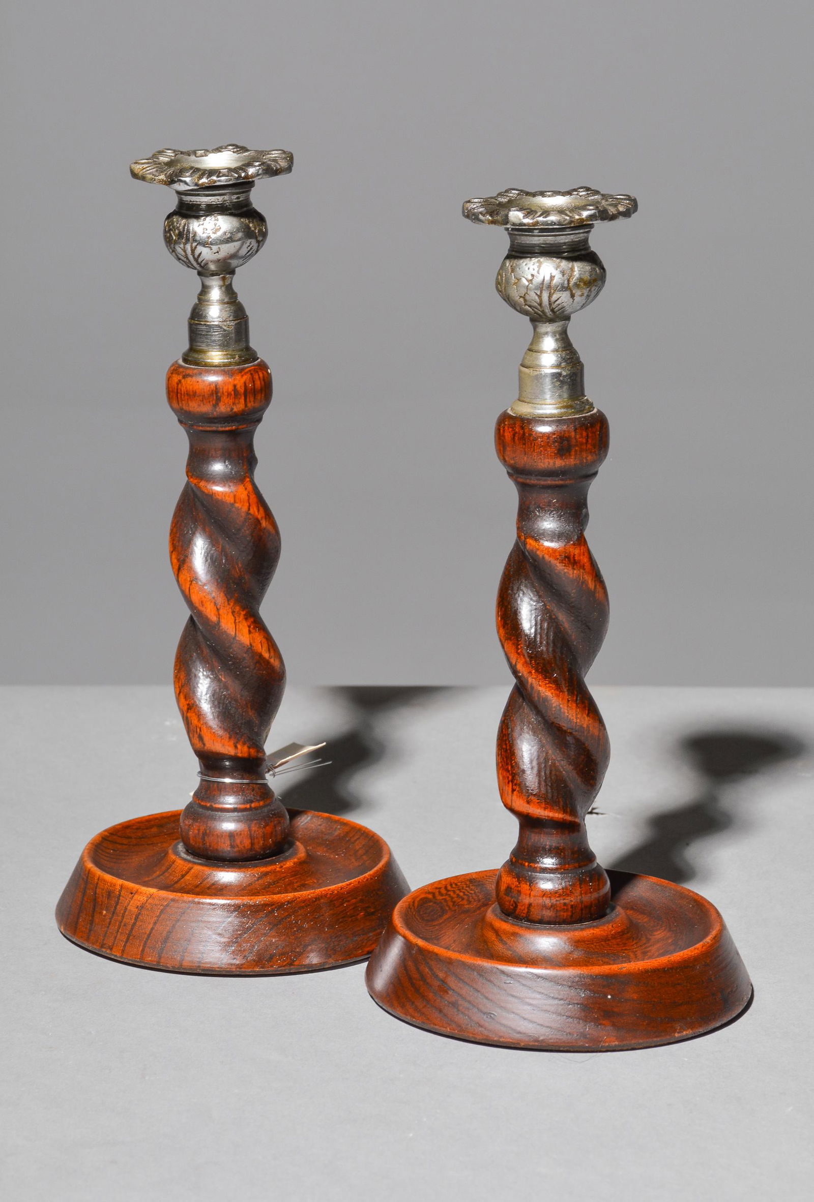 Pair of Barley Twist Oak Candlesticks with Silver Tops (1 of 2)