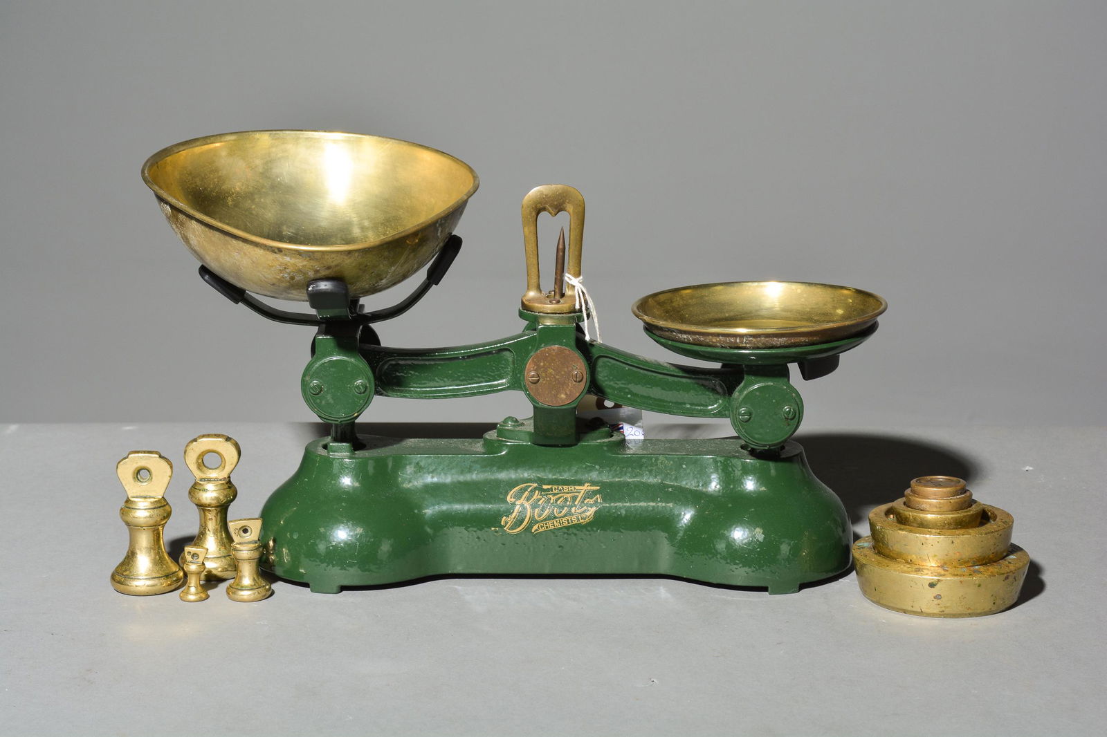 British Green Balance Scale with Brass Pans & Weights (1 of 3)