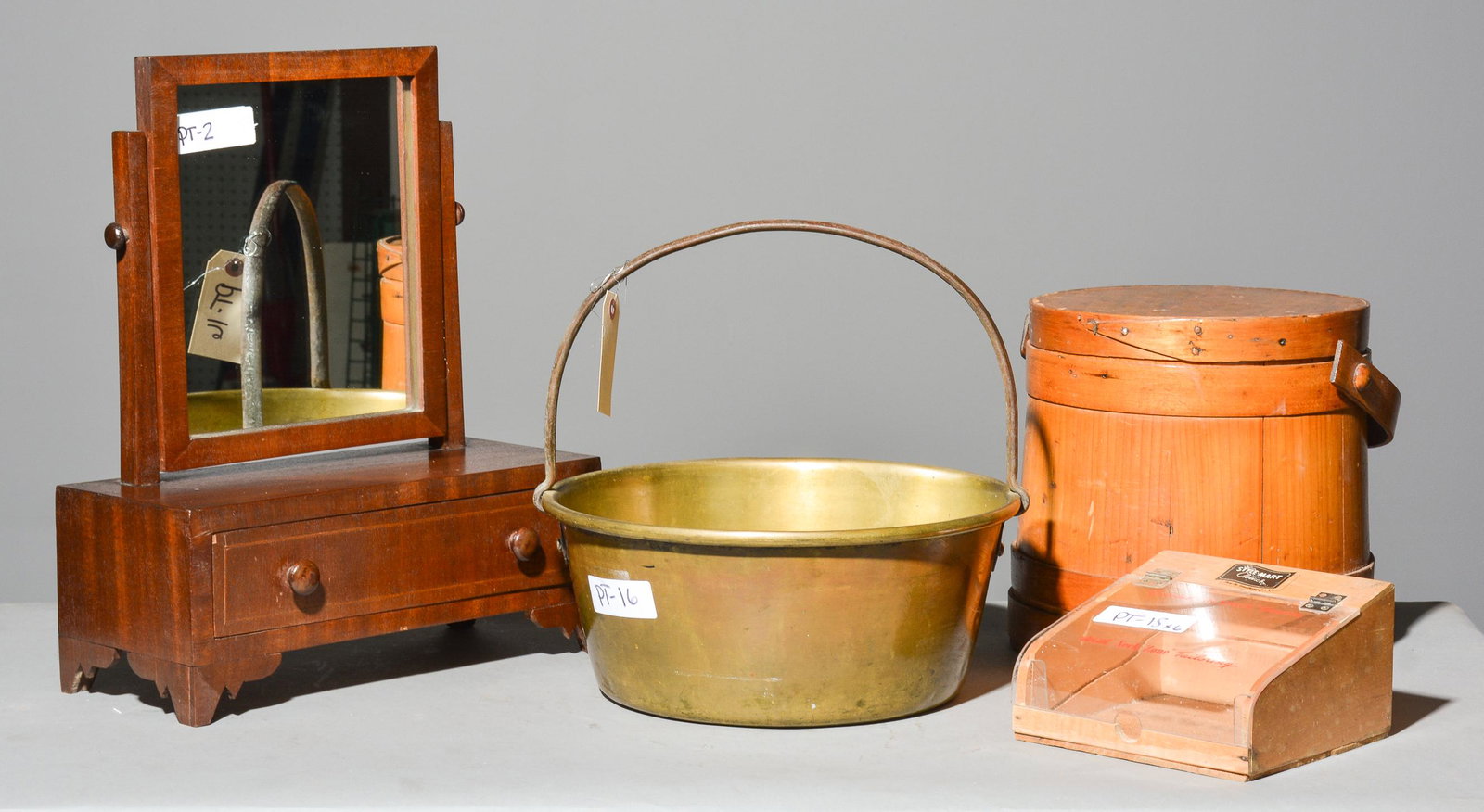4pcs - Jam Pan, Mirror, Cloth Box & Wood Carrier: 4pcs - Jam Pan, Mirror, Cloth Box & Wood Carrier - Jam Pan is 13 in tall x 14 inch diameter