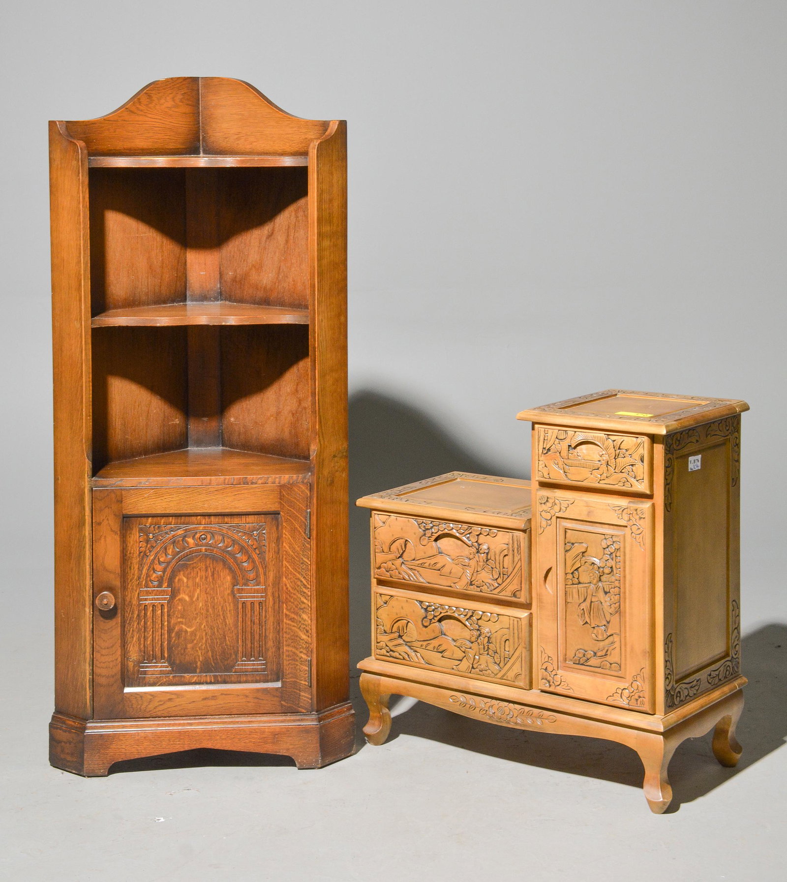 British Oak Corner Shelf & Carved Step Cabinet (1 of 5)