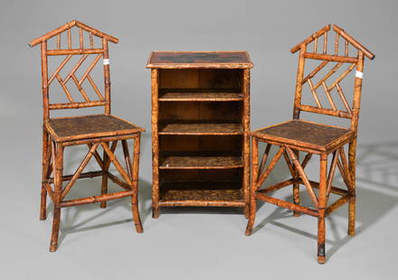 2 Bamboo Chairs & Open Bookshelf: 2 Bamboo Chairs & Open Bookshelf - Bookshelf is 31 in tall x 21 x 15, Chairs 39 in tall x 14 x 17