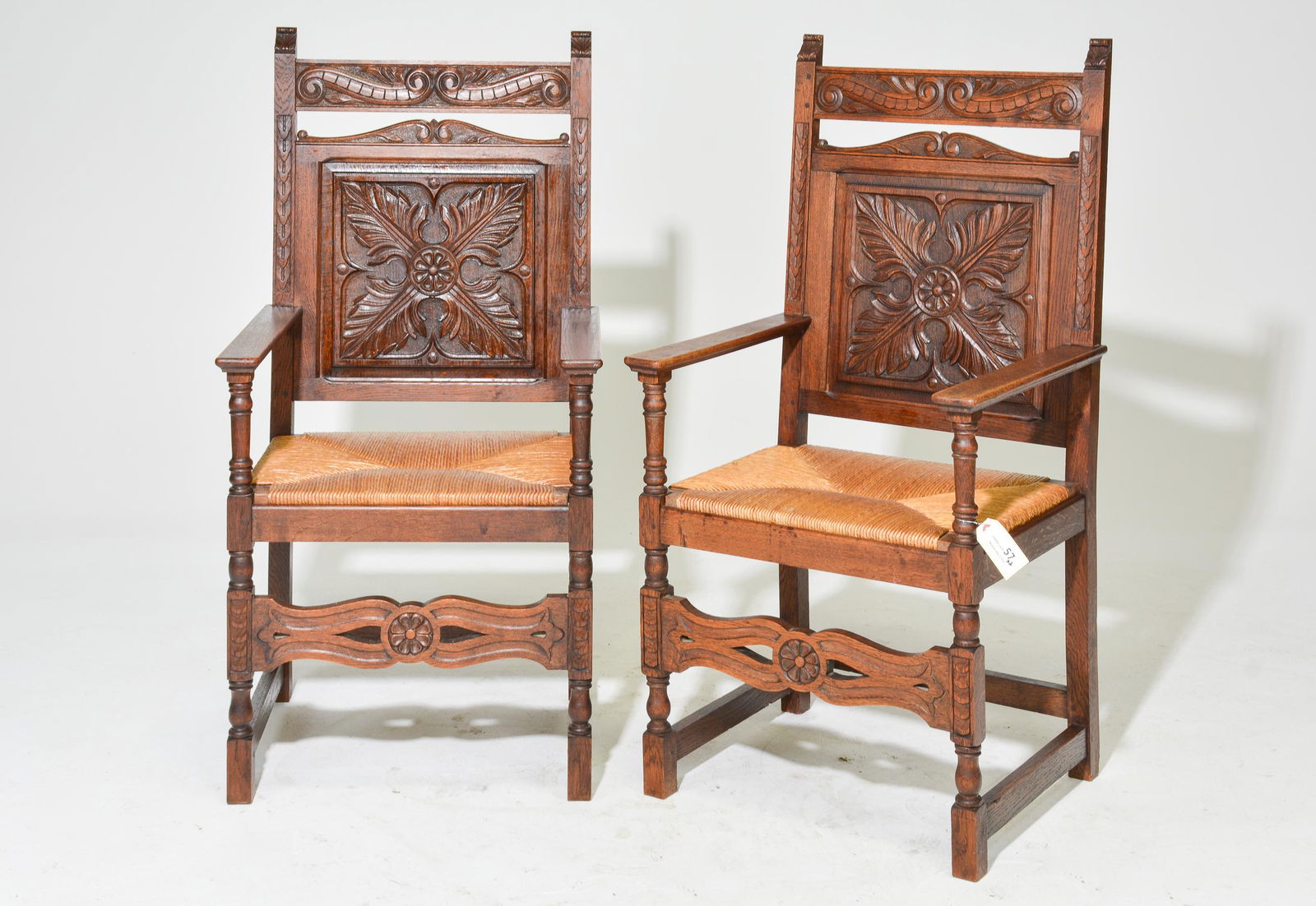 2 Carved Oak Rush Seat Arm Chairs (1 of 3)