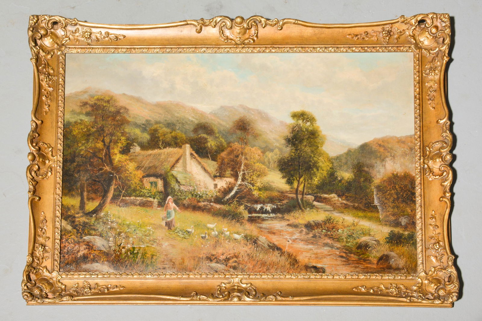 William Langley Oil on Canvas - Cottage in Woods: William Langley Oil on Canvas - Cottage in Woods - 26 in tall x 36 x 2