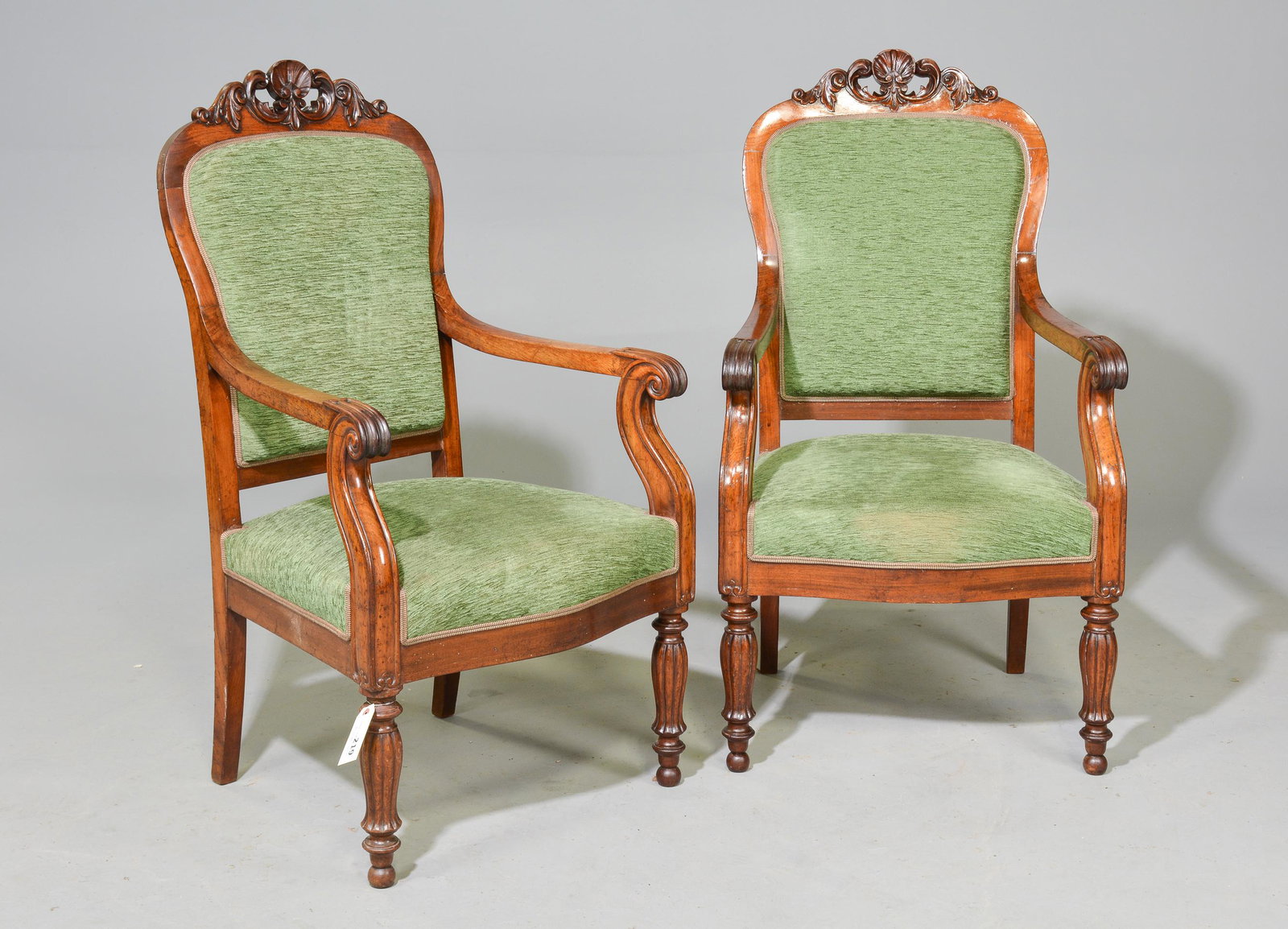 Pair of Louis Philippe Style Mahogany Arm Chairs: Pair of French Louis Philippe Style Mahogany Arm Chairs - 41 in tall x 23 x 24