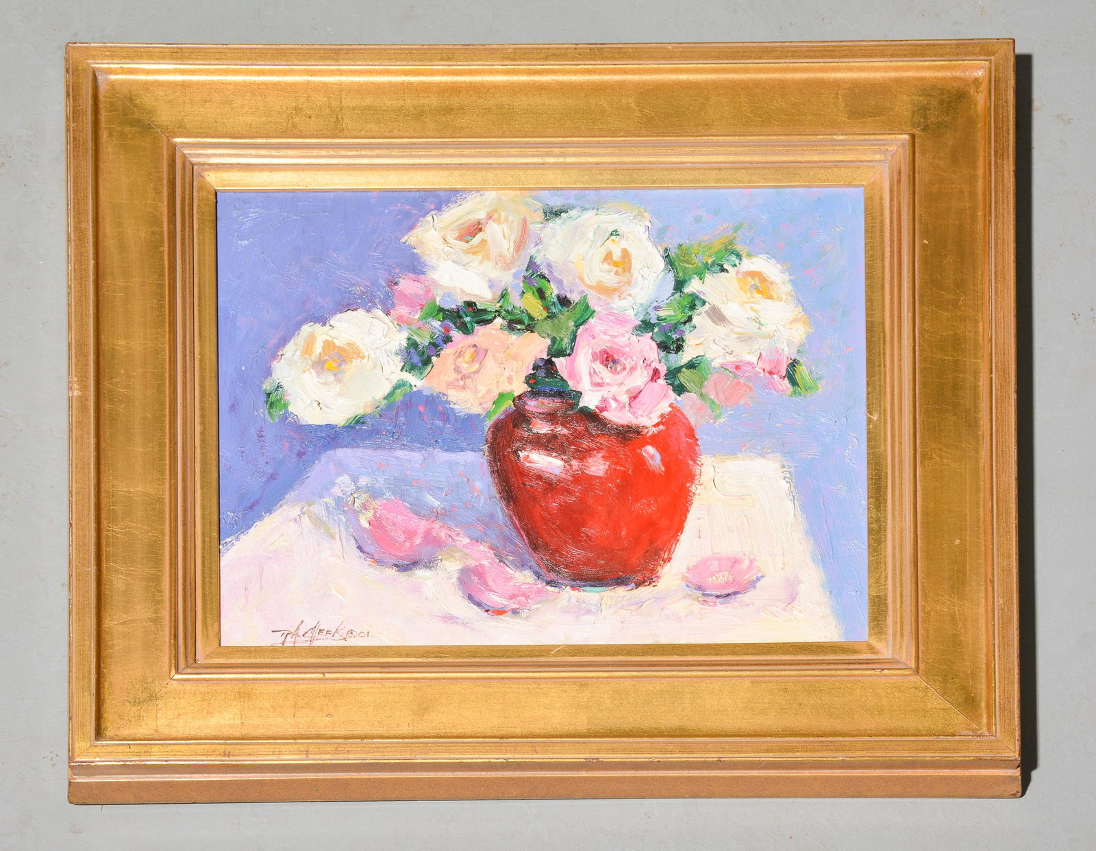 RA Cheek Oil on Canvas - Flowers in Pot: RA Cheek Oil on Canvas - Flowers in Pot - 26 in tall x 30 x 3