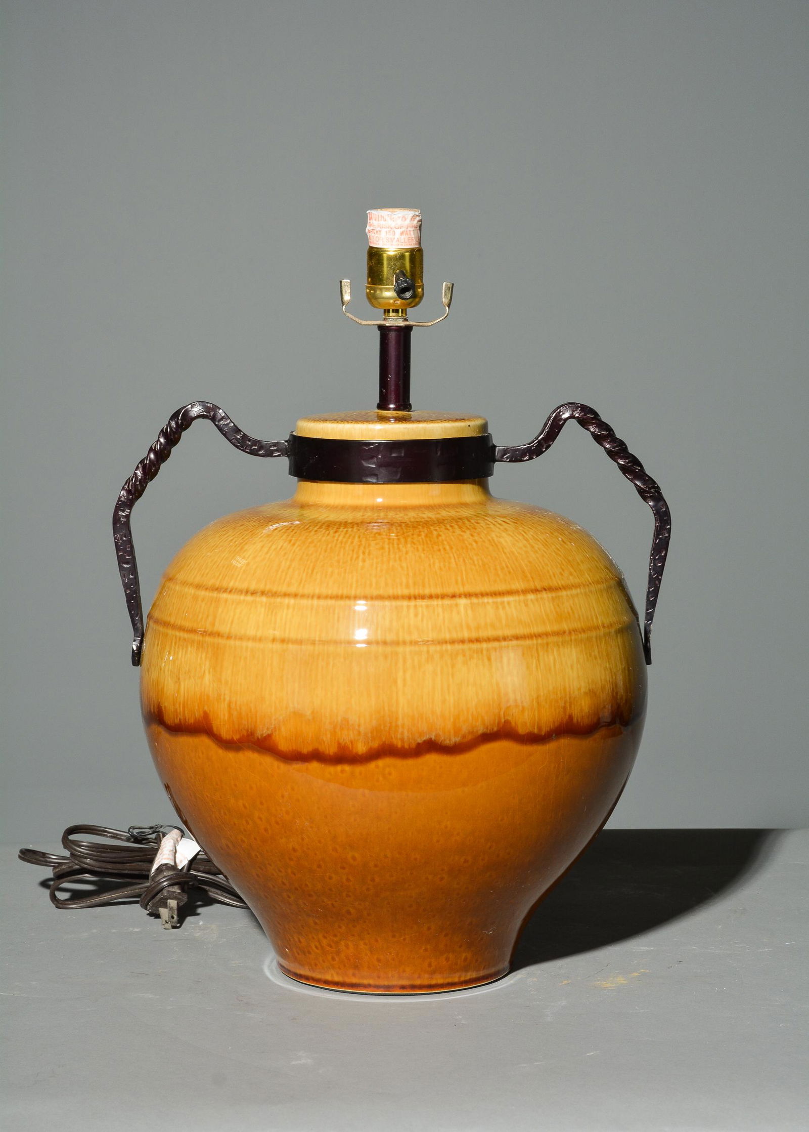 American Wired Glazed Pottery Lamp with Iron Handles (1 of 2)