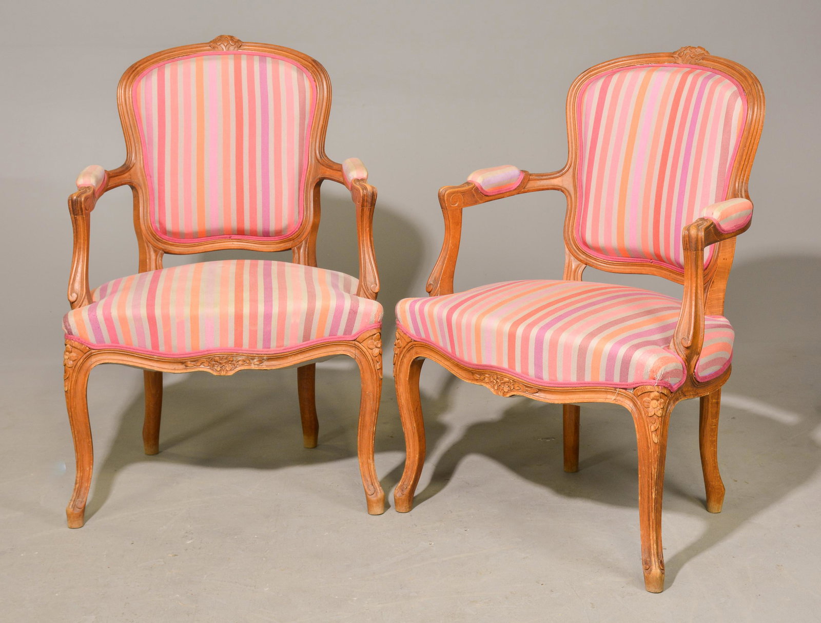 2 Louis XV Style Upholstered Arm Chairs: 2 French Louis XV Style Upholstered Arm Chairs - 34 in tall x 25 x 23