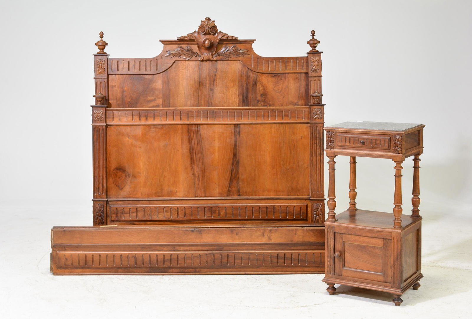 Louis XVI Style Walnut Bed with Rails & Nightstand: Louis XVI Style Walnut Bed with Rails & Marble Top Nightstand - Headboard is 57 in tall x 53 x 4, Rails are 70 inches long each, Nightstand is 34 in tall x 17 x 15 - This bed is a European Size which