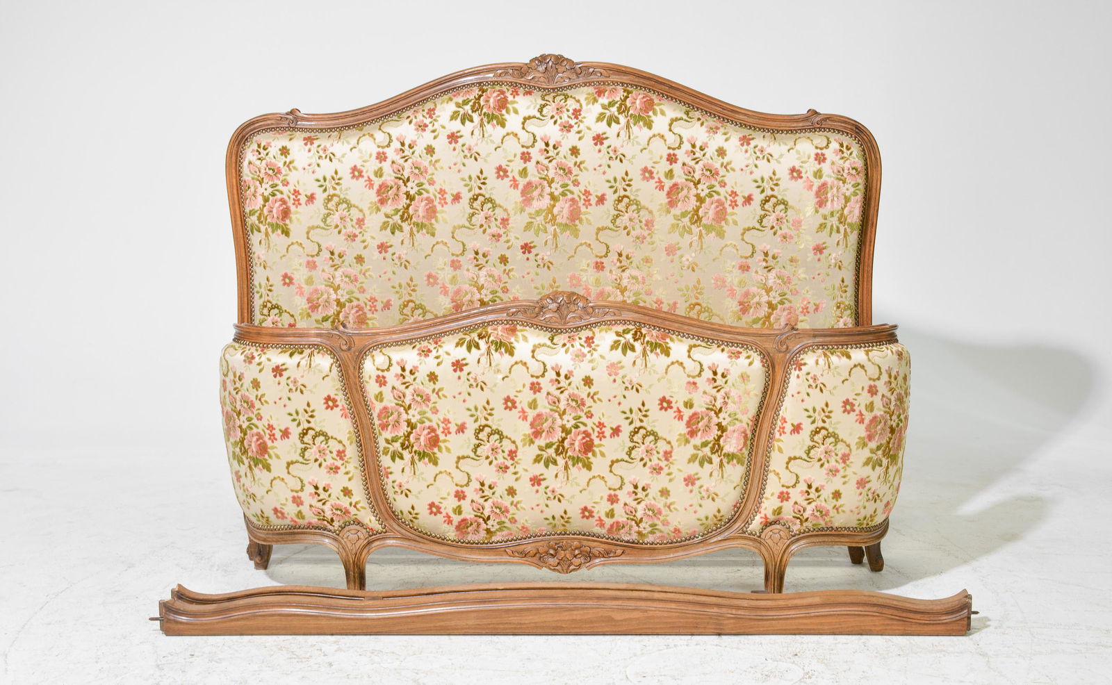 Louis XV Style Upholstered Bed with Rails: French Louis XV Style Upholstered Bed with Rails - Headboard is 48 in tall x 59 x 3, Rails are 66 inches long each - This bed is a European Size which can easily be converted to an American size by re
