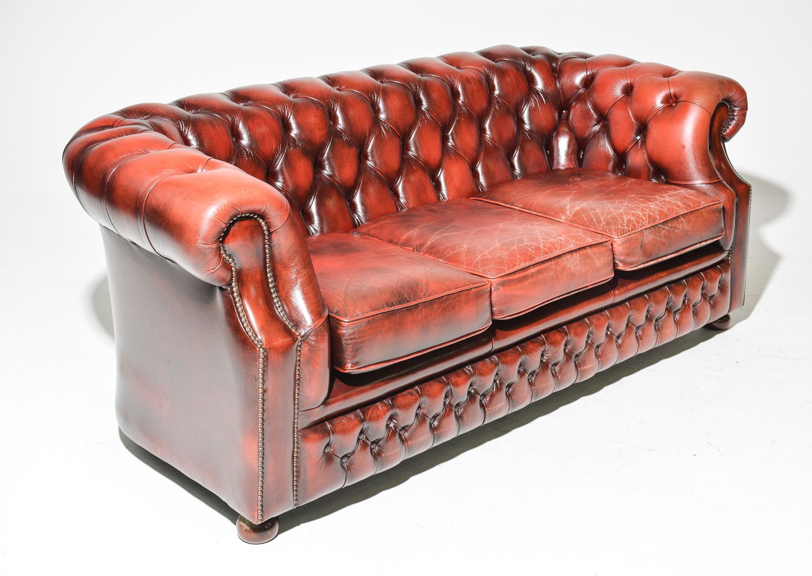 British Chesterfield Oxblood Leather Sofa on Bun Feet (1 of 7)