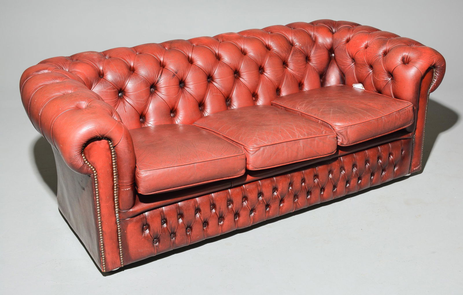 British Chesterfield Red Leather 3 Seat Sofa (1 of 7)