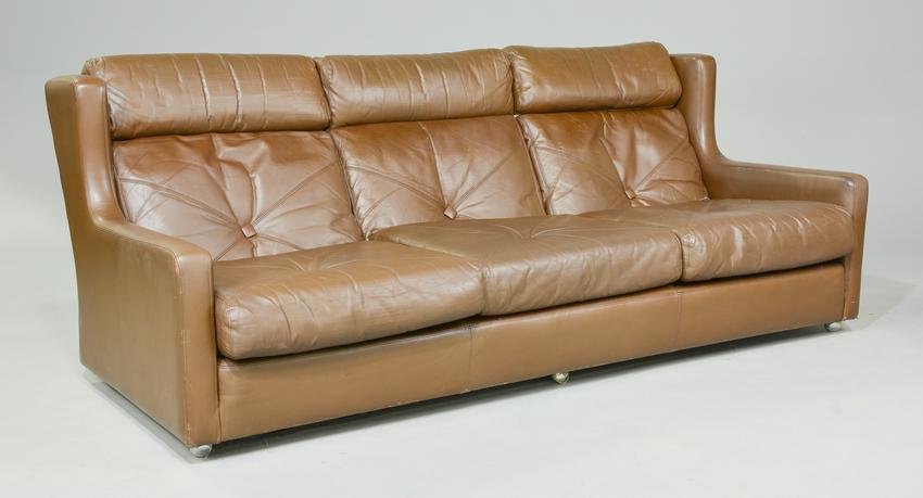 Mid Century Brown Leather 3 Seater Sofa (1 of 4)