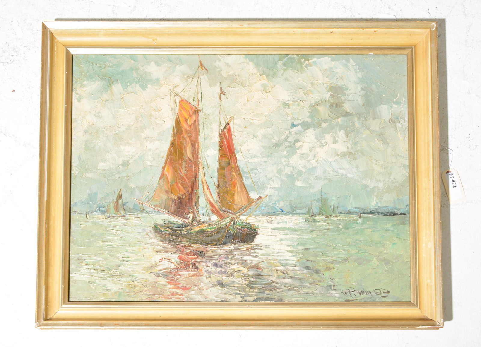 Framed Oil on Canvas - Sail Boat: Framed Oil on Canvas - Sail Boat - 29 in tall x 37 x 2