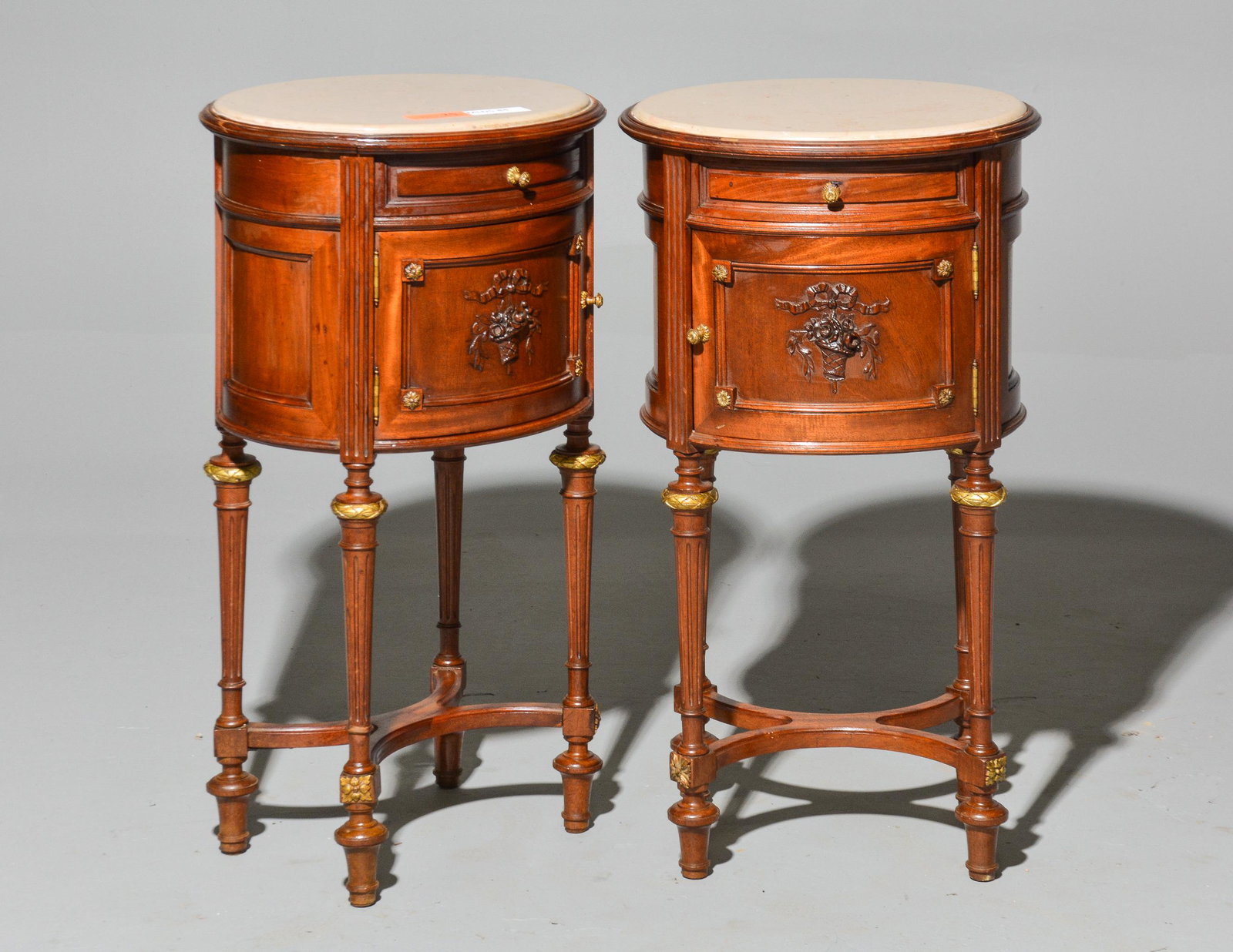 Louis XVI Style Marble Top Nightstands: French Louis XVI Style Marble Top Nightstands / Occasional Cabinets - 31 in tall x 17 x 15