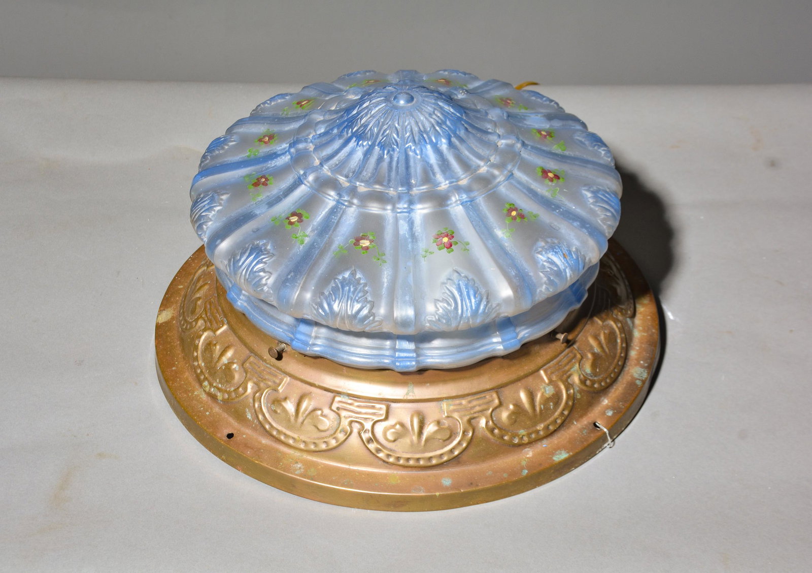 Blue Frosted Glass Ceiling Light From a Mid West Church: Blue Frosted Glass Ceiling Light with Floral From a Mid West Church - 8 in tall x 15 x 15