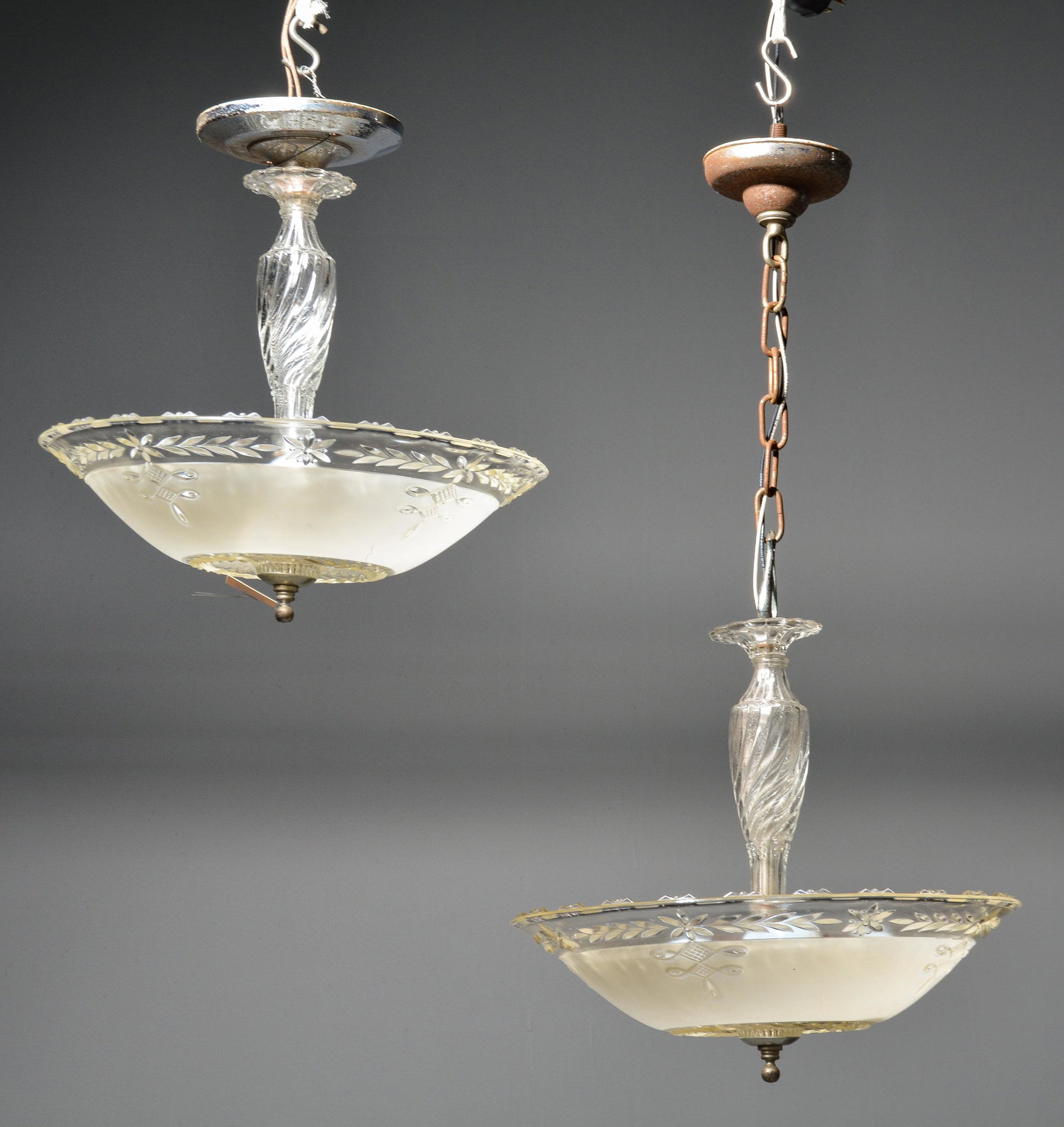 2 Frosted Pendant / Bowl Lights from a Mid West Church: 2 Frosted Pendant / Bowl Lights from a Mid West Church - 17 in tall x 16