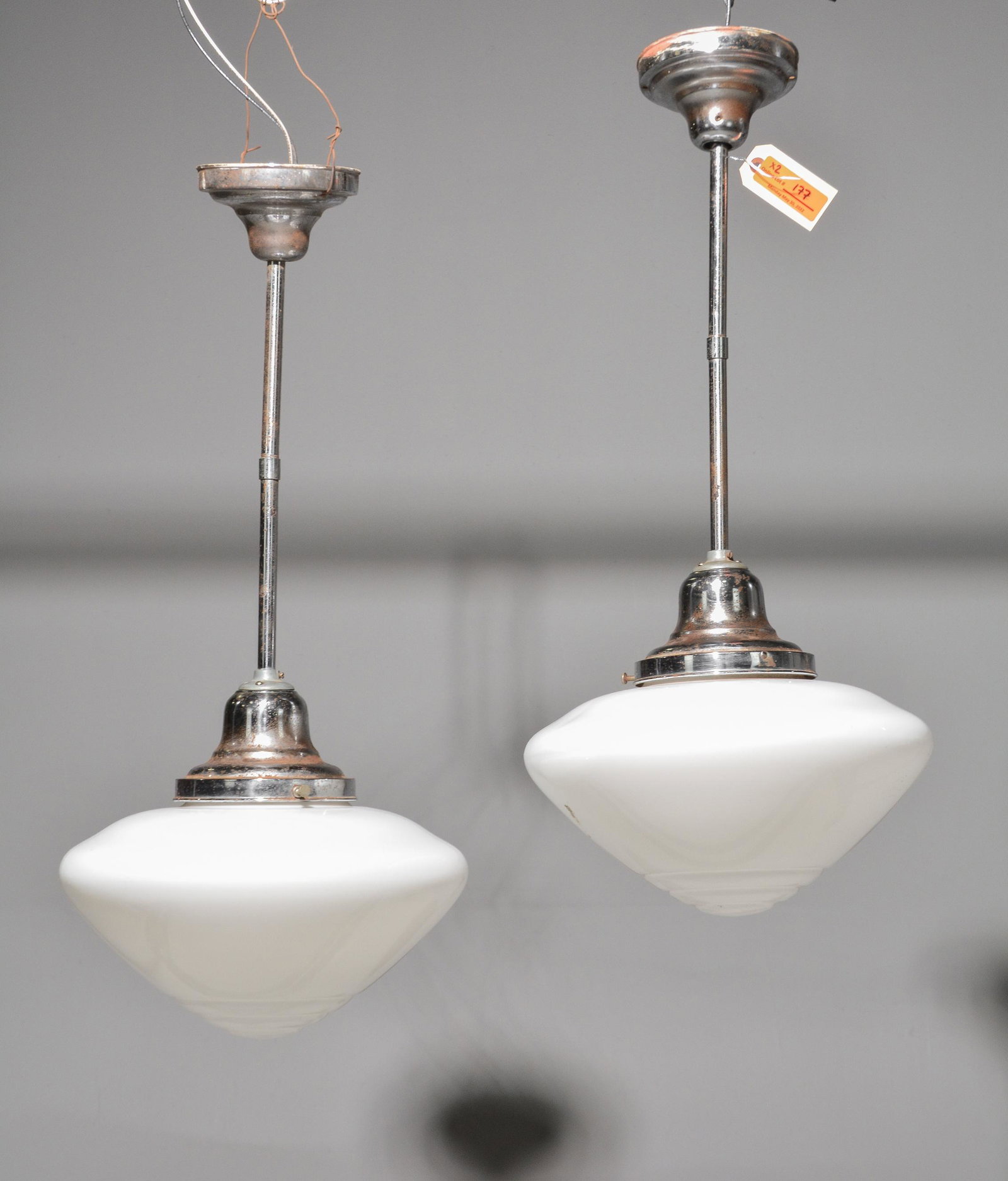2 Vintage Frosted Glass Pendant Lamps - Mid West Church: 2 Vintage Frosted Glass Pendant Lamps - Mid West Church - 28 in tall x 15