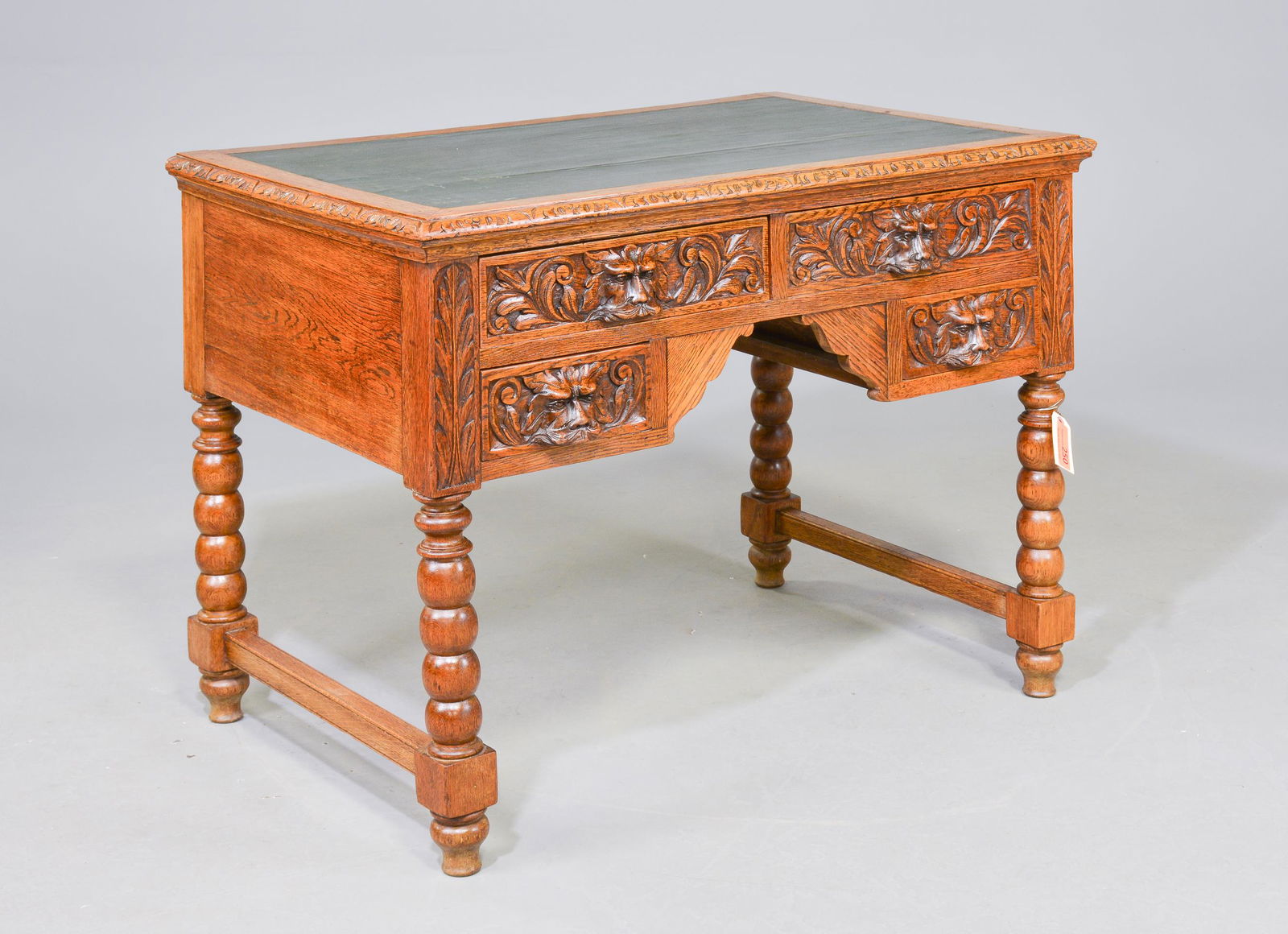 British Carved Oak Green Leather Top Desk (0120) on Jun 06, 2022