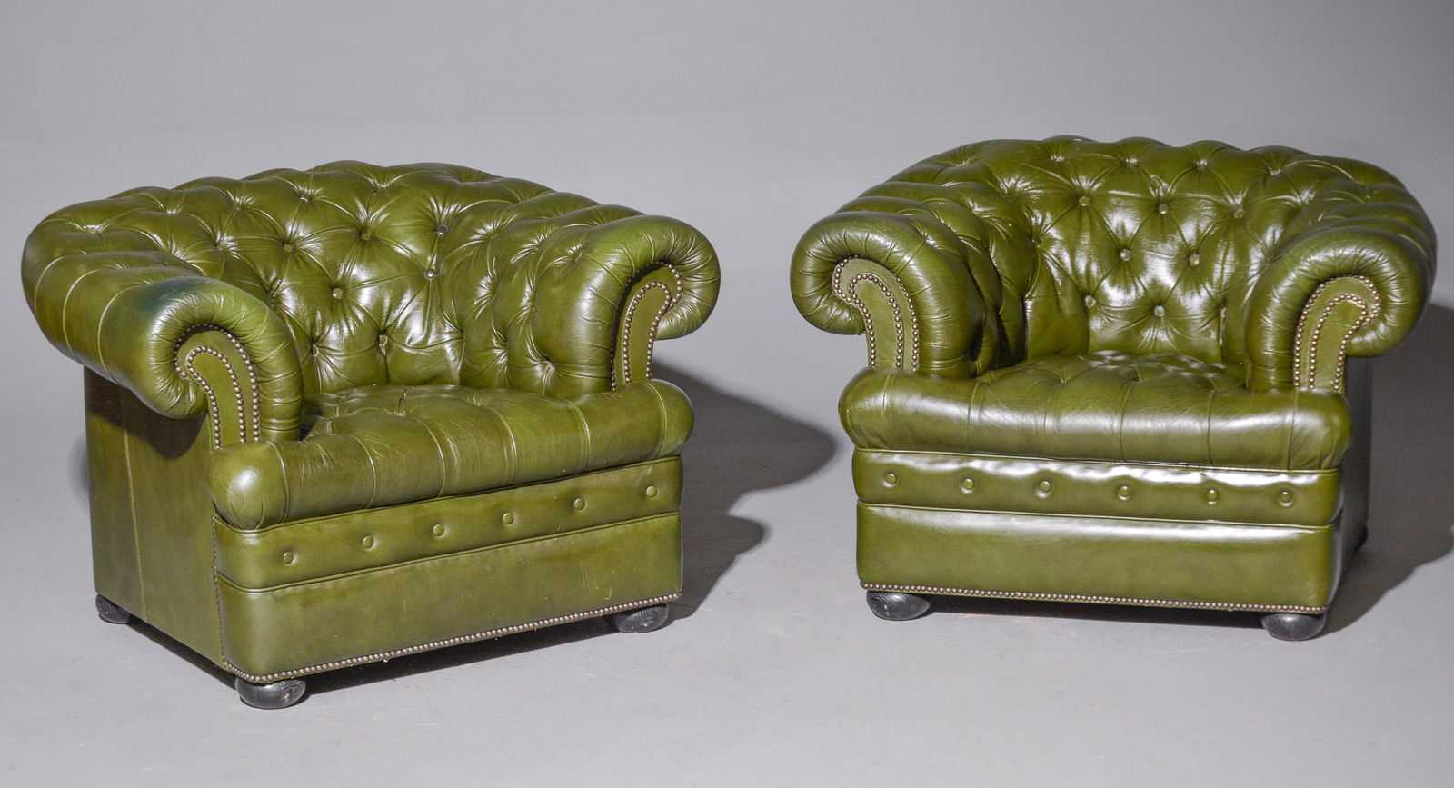 2 British Green Leather Chesterfield Club Chairs (1 of 5)