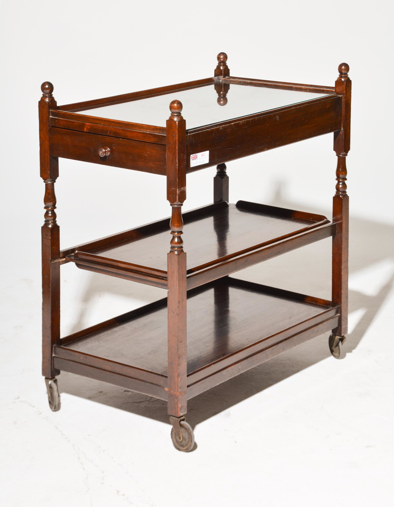 British 3 Tier Glass Top Trolley / Cart with Drawer: British 3 Tier Glass Top Trolley / Cart with Drawer - 34 in tall x 30 x 18