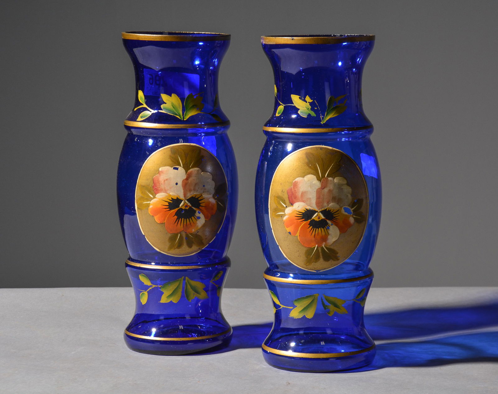 2 Floral Hand Painted Blue Glass Vases (1 of 2)