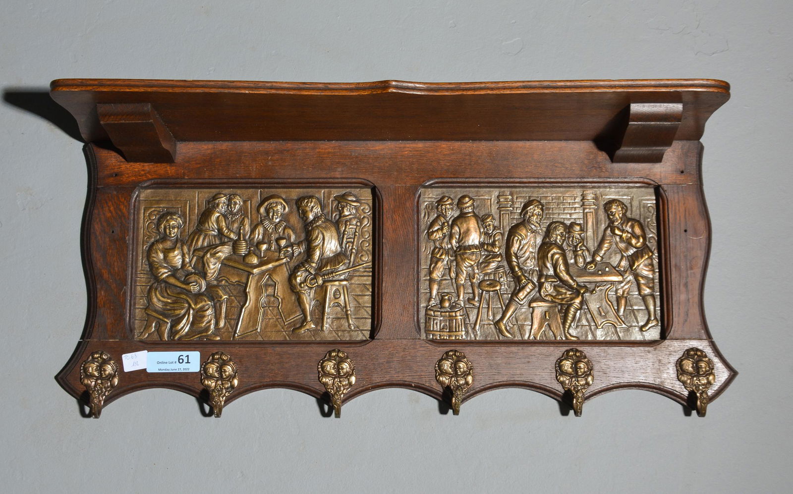 Belgian Oak Wall Shelf with Hooks (1 of 4)