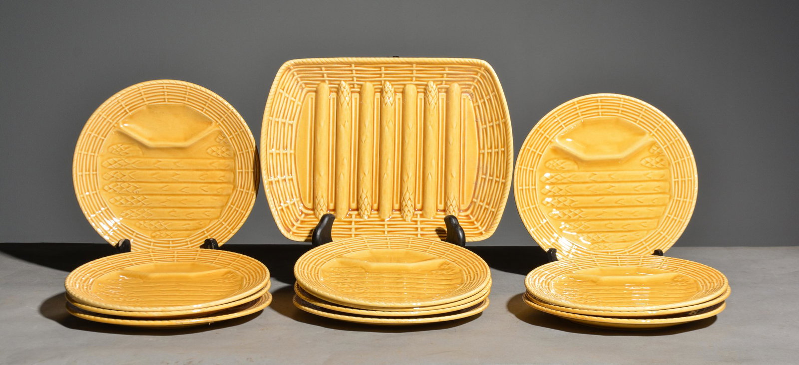 13pc French Yellow Asparagus Plate Set: 13pc French Yellow Asparagus Plate Set - Platter is 10 x 13