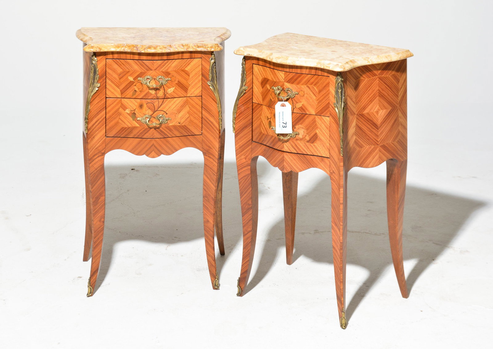 2 Louis XV Style Marble Top Nightstands: 2 French Louis XV Style Marble Top Nightstands / Occasional Chests - 26 in tall x 17 x 12 each