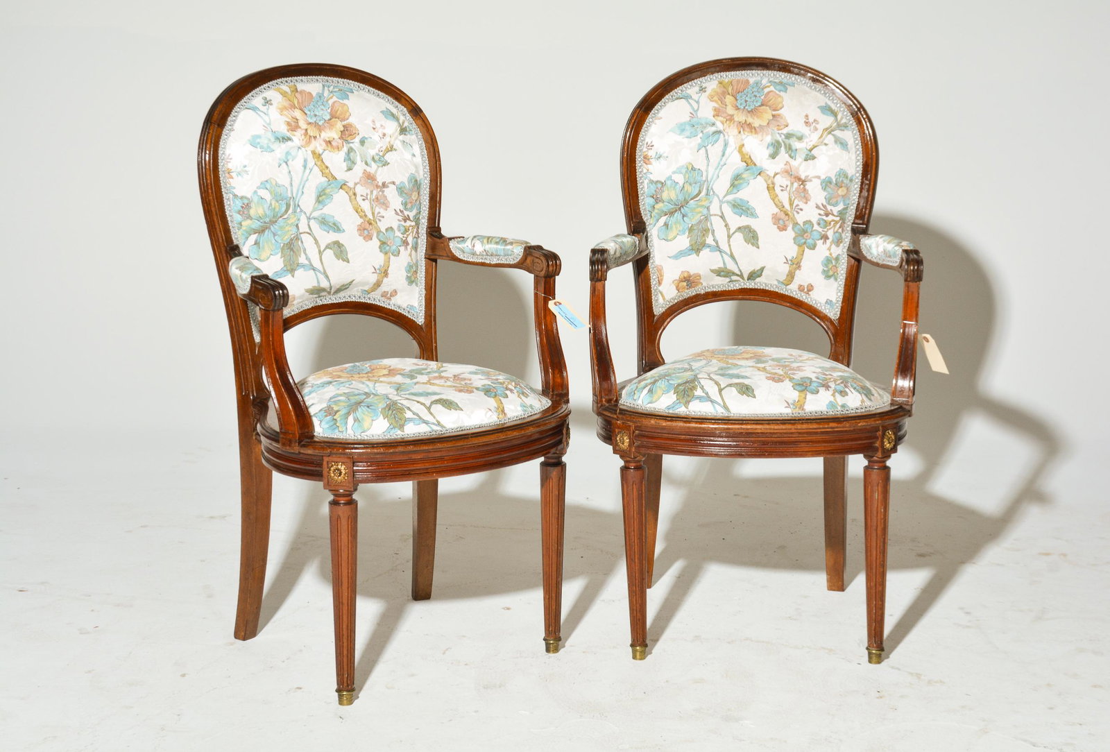 Pair Louis XVI Style Upholstered Arm Chairs: Pair of French Louis XVI Style Upholstered Arm Chairs - 43 in tall x 20 x 23