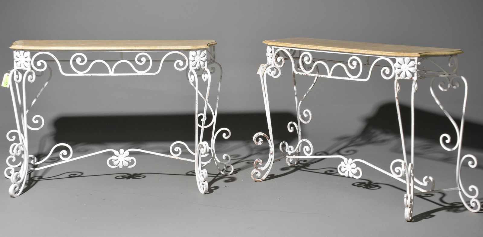 New Item, 2 Marble Top Iron Base Console Tables: New Item, 2 Marble Top Iron Base Console Tables - 36 in tall x 51 x 17 each