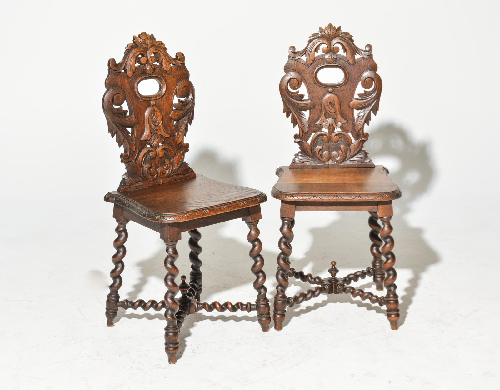 2 Alsatian Carved Barley Twist Hall Chairs: 2 Alsatian Carved Barley Twist Hall Chairs - 31 in tall x 16 x 17
