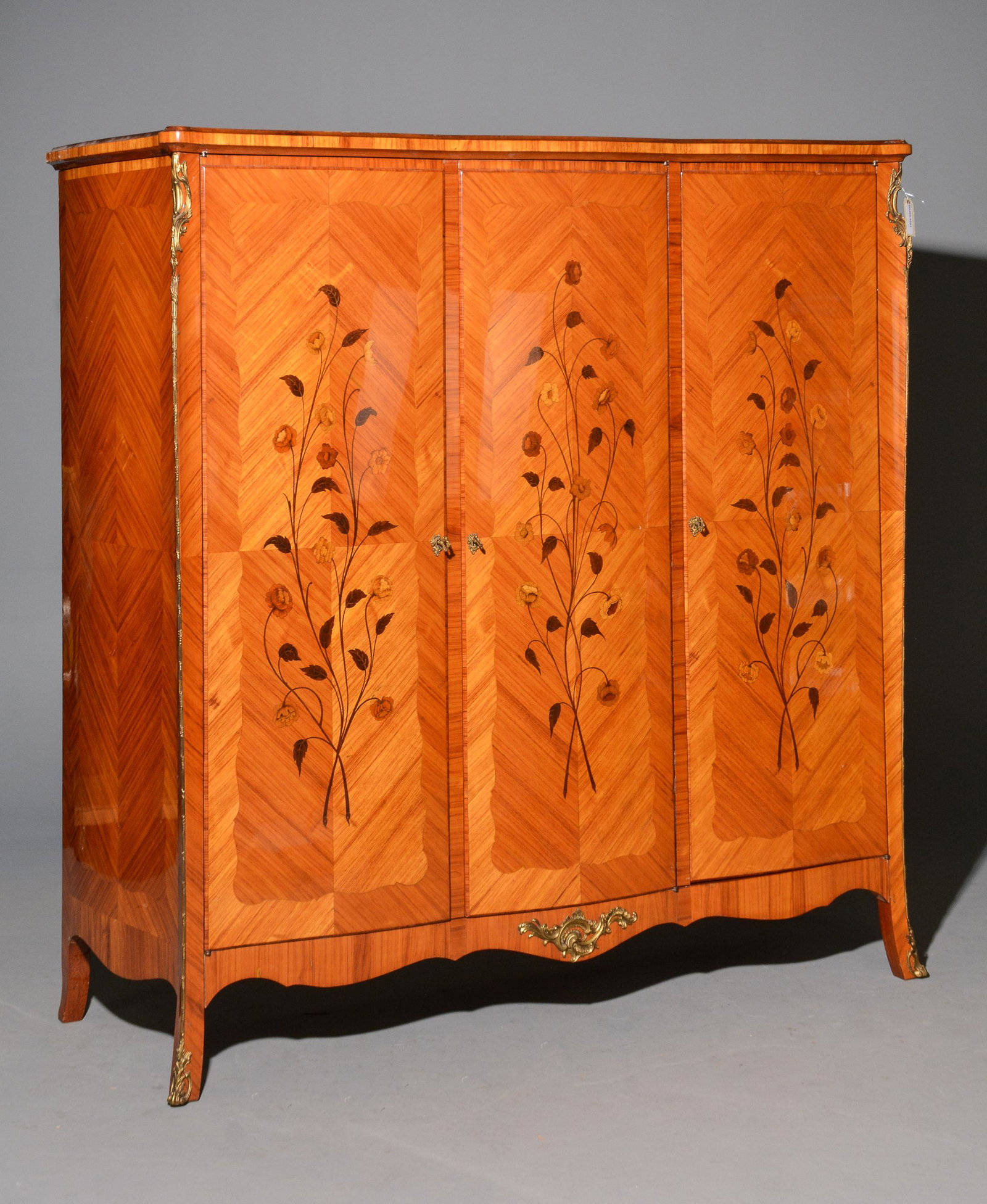 Louis XV Style 3 Door Inlaid Armoire: French Louis XV Style 3 Door Inlaid Armoire with Gilt Ormolu - 72 in tall x 72 x 24