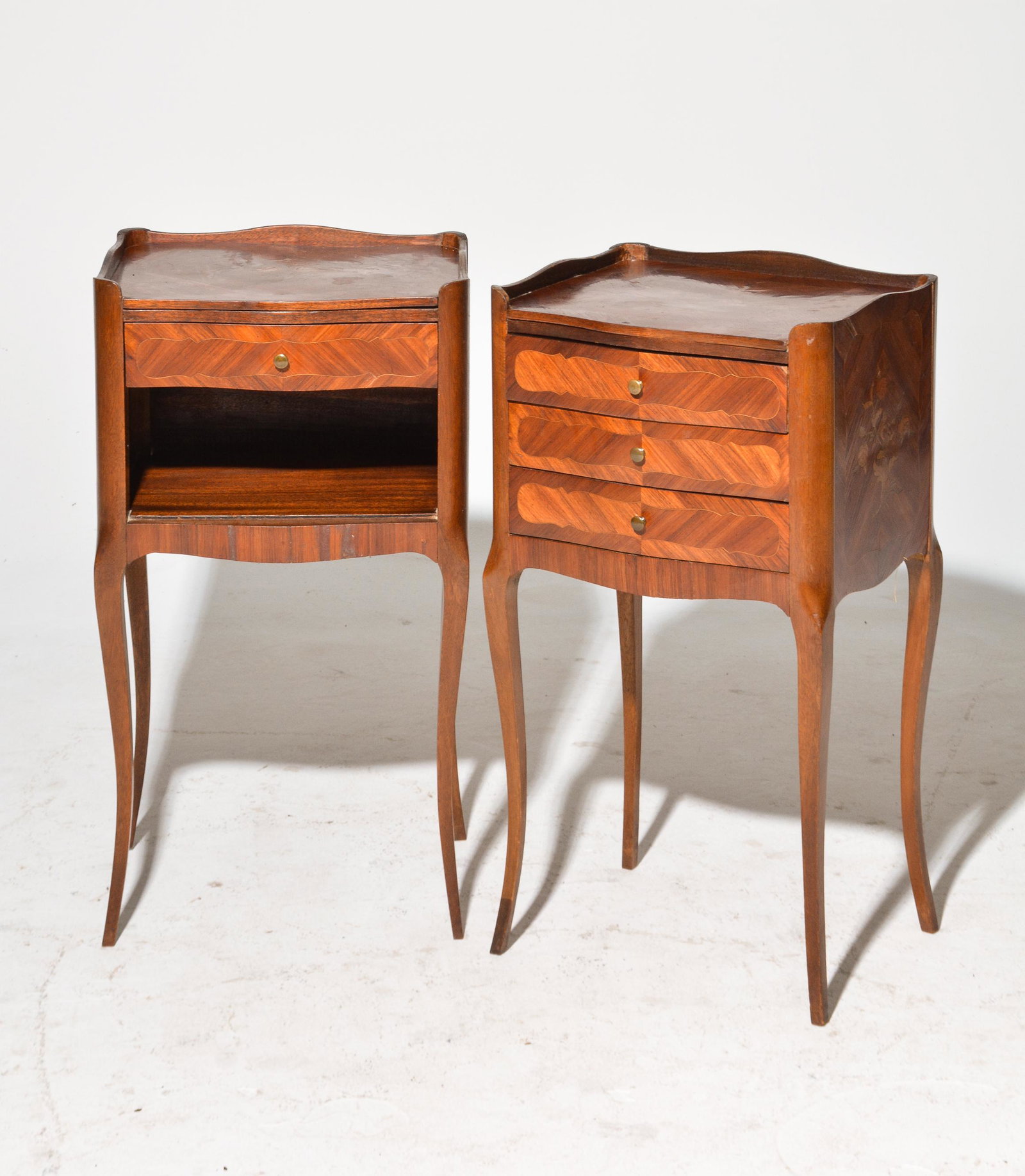 2 Louis XV Style Inlaid Nightstands: 2 French Louis XV Style Inlaid Nightstands - 29 in tall x 16 x 14