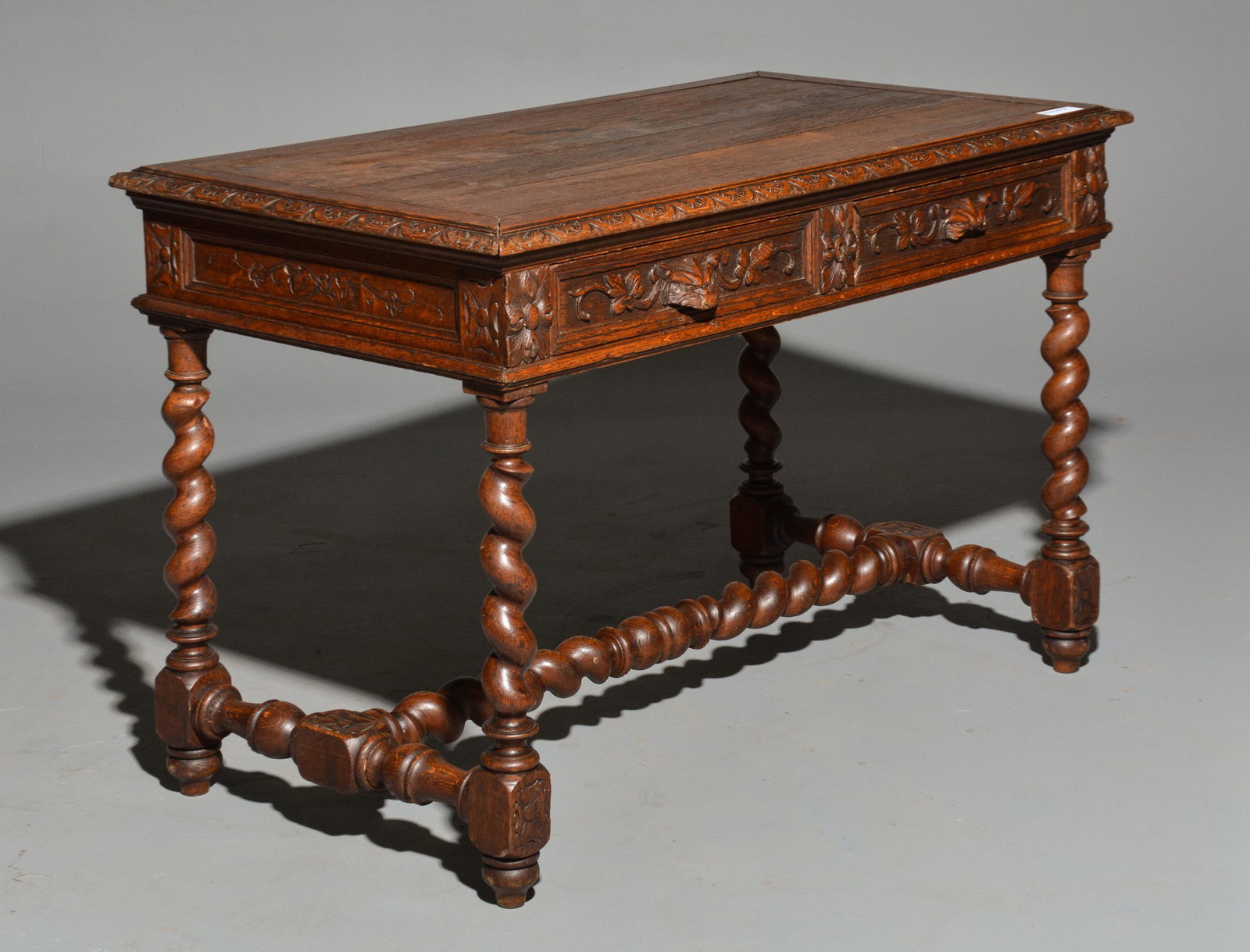 Louis XIII Style Barley Twist Oak Writing Table: Louis XIII Style Barley Twist Oak 2 Drawer Writing Table - 30 in tall x 46 x 26