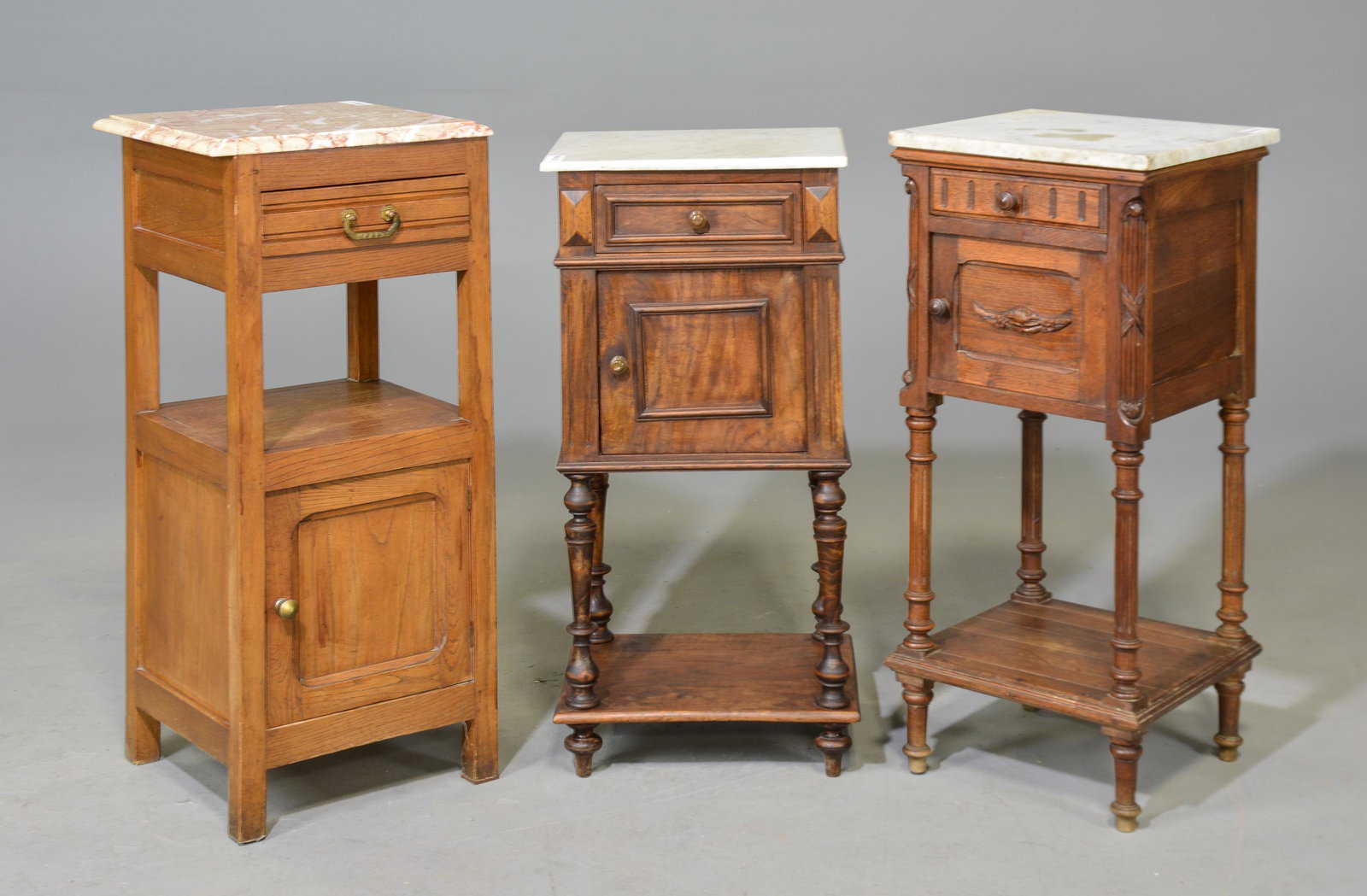3 French Marble Top Nightstands: 3 French Marble Top Nightstands / Pot Cupboards - Largest is 35 in tall x 16 x 16