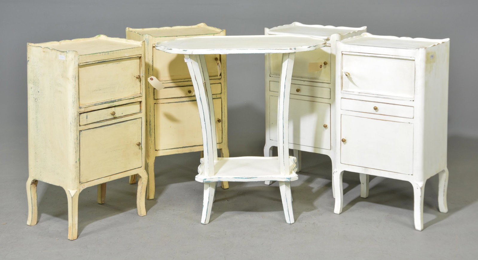 4 French Replica Painted Nightstands & 1 Table: 4 French Replica Painted Nightstands & 1 Table - Nightstands are 30 in tall x 16 x 12