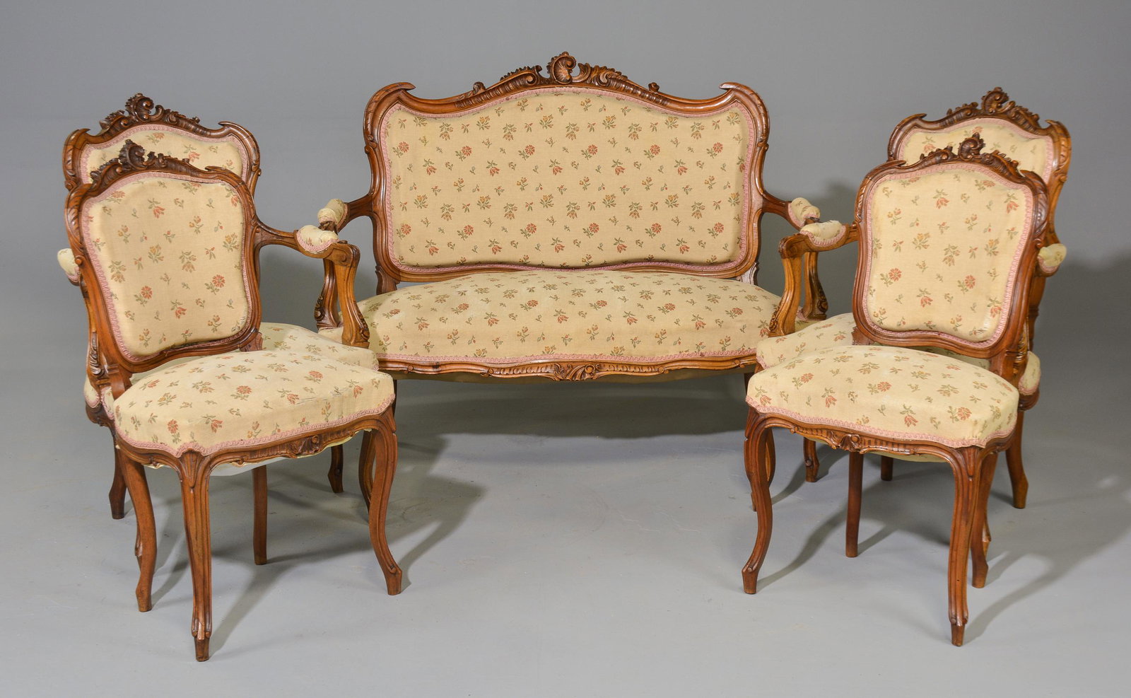 Louis XV Style Salon Suite - Sofa & 4 Chairs: French Louis XV Style Salon Suite - Sofa & 4 Chairs - Sofa is 39 in tall x 49 x 27, Arm Chairs are 37 in tall x 25 x 25, Side Chairs are 37 in tall x 20 x 20