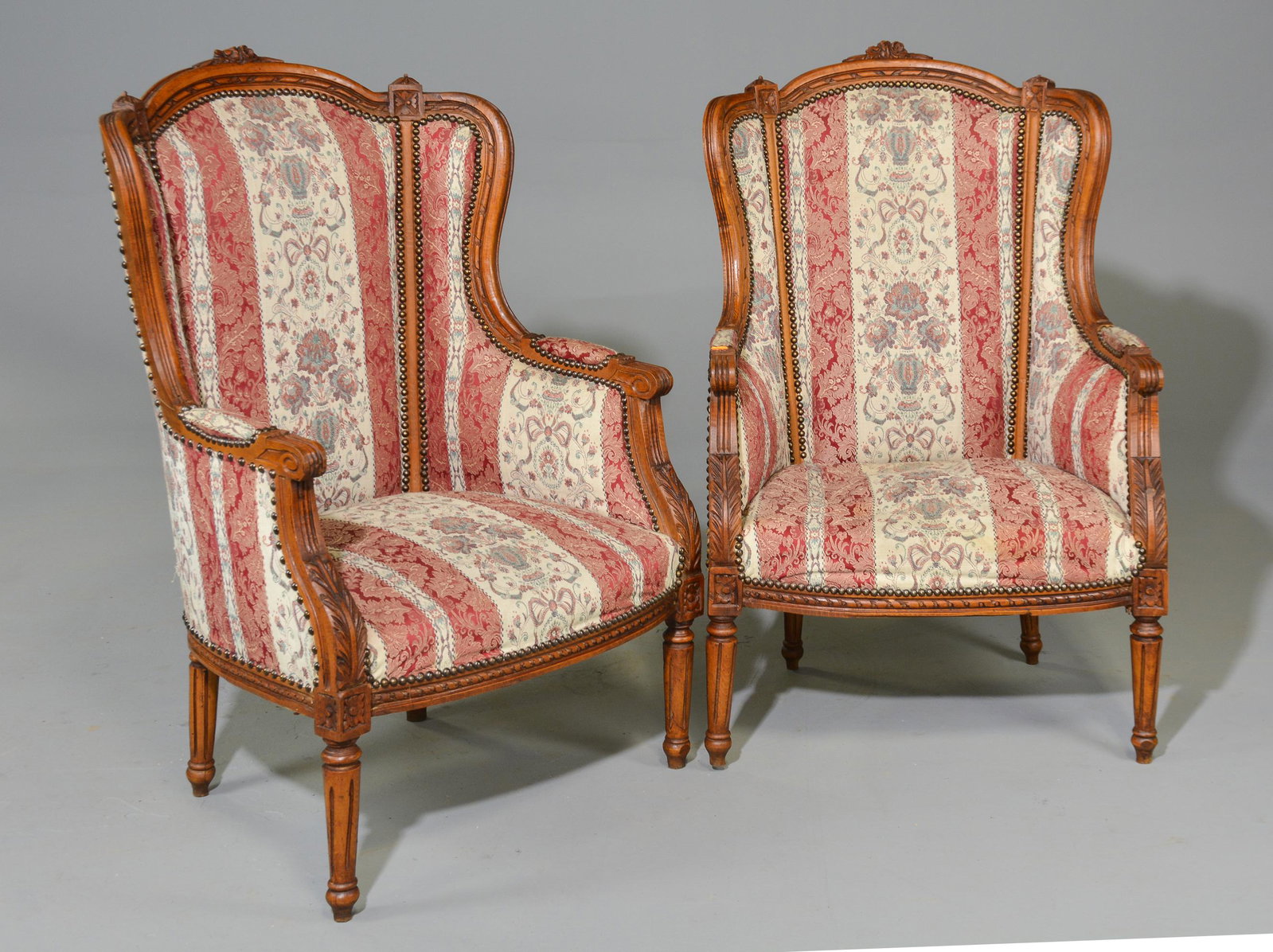 2 Louis XVI Style Upholstered Arm Chairs: 2 French Louis XVI Style Upholstered Arm Chairs - 42 in tall x 27 x 27