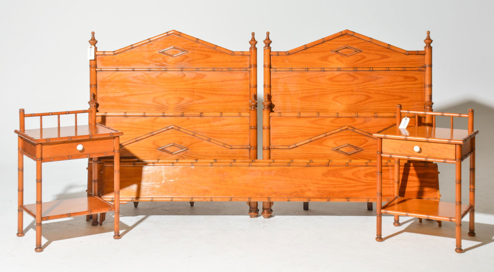 2 Faux Bamboo Beds with Rails & 2 Nightstands (1 of 5)