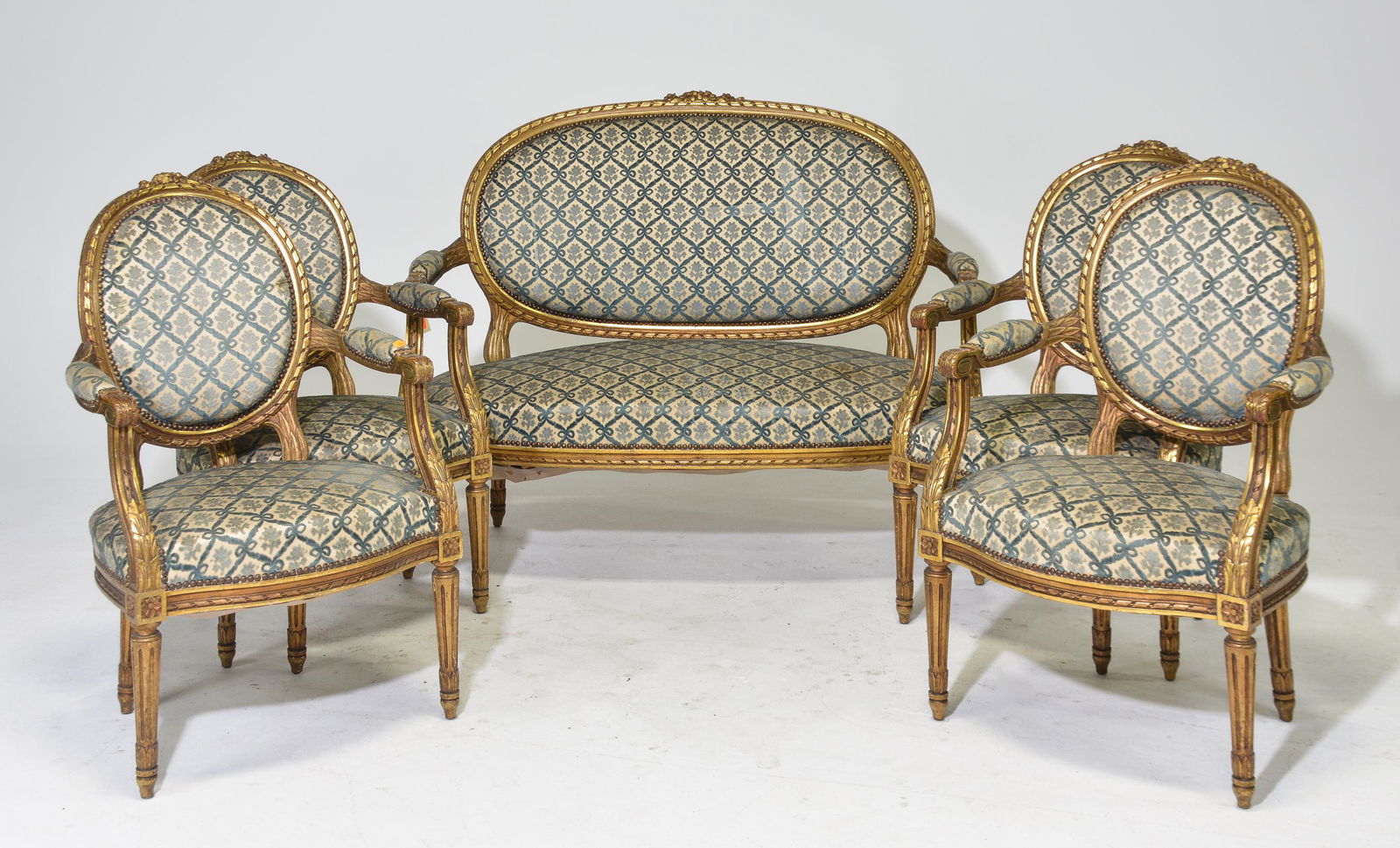 Louis XVI Style Gilded Salon Suite - Sofa & 4 Chairs: French Louis XVI Style Gilded Salon Suite - Sofa & 4 Chairs - Sofa is 41 in tall x 50 x 27, Chairs are 37 in tall x 24 x 25