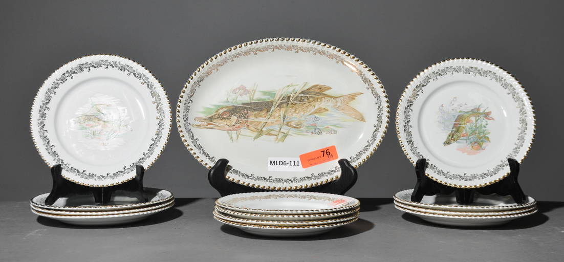13pc French Fish Plate Set Platter & 12 Plates