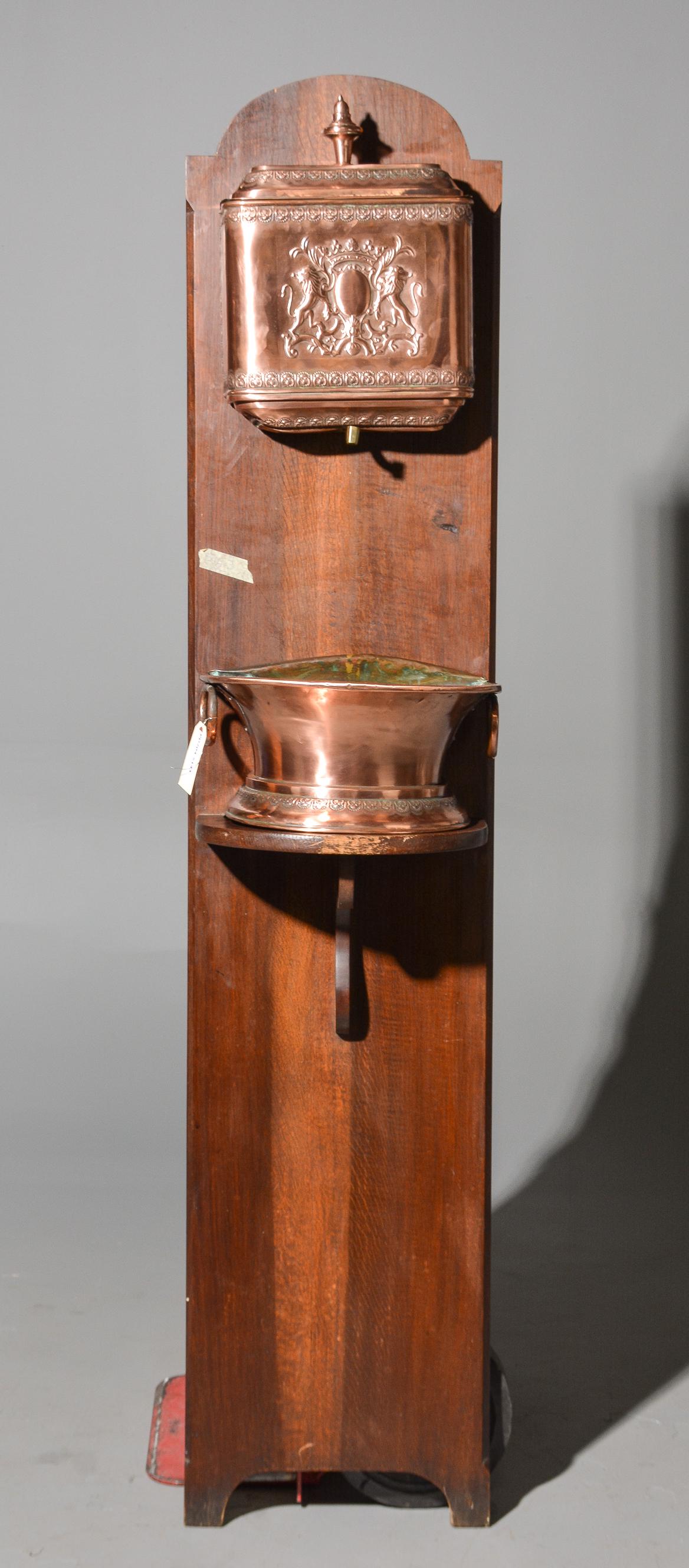 French Polished Copper Lavabo / Water Font: French Polished Copper Lavabo / Water Font on Oak Back - 71 in tall x 16 x 12 - Reminder, measurements are for shipping purposes only