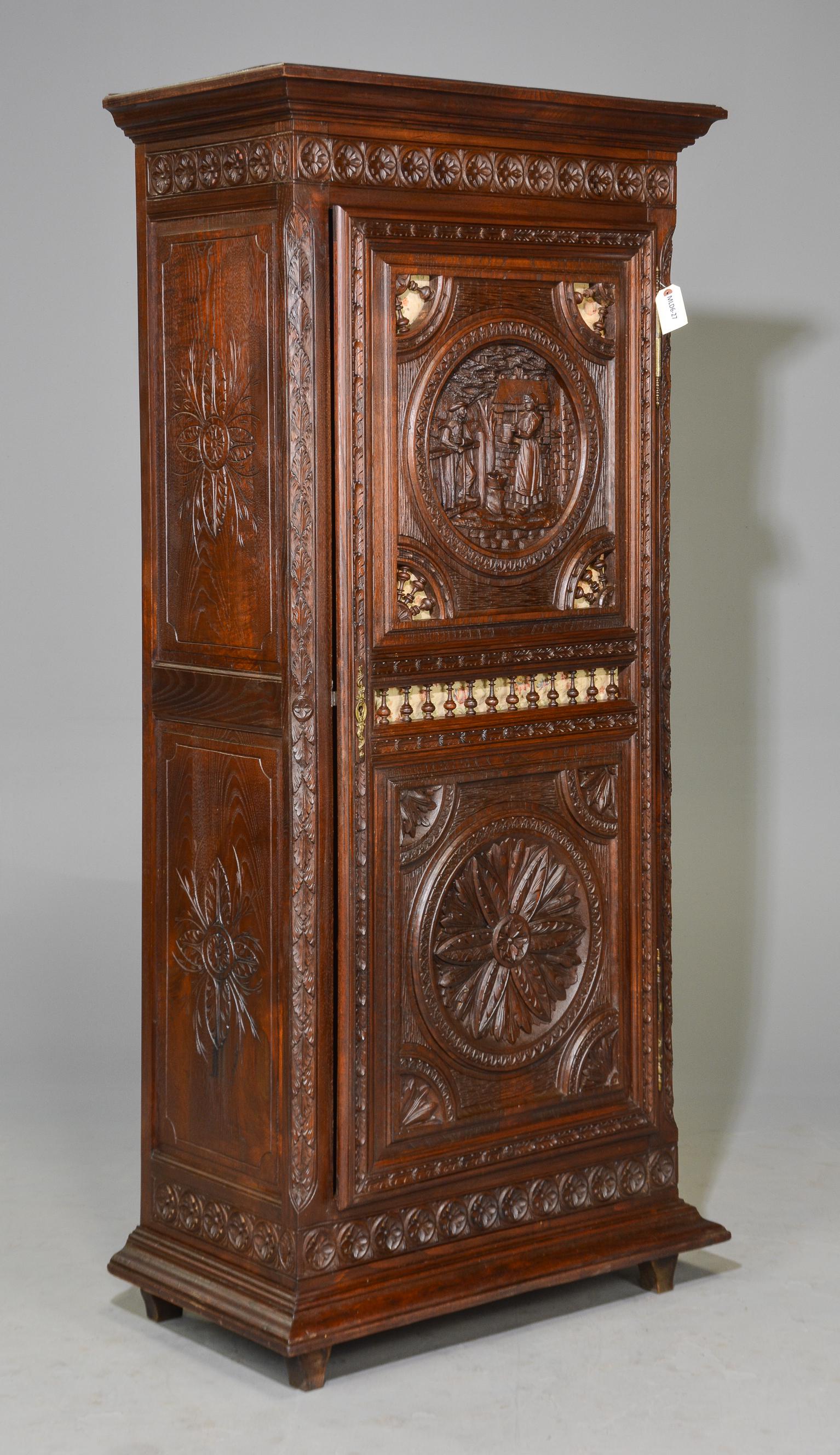 Breton Style Carved Single Door Cabinet (1 of 4)