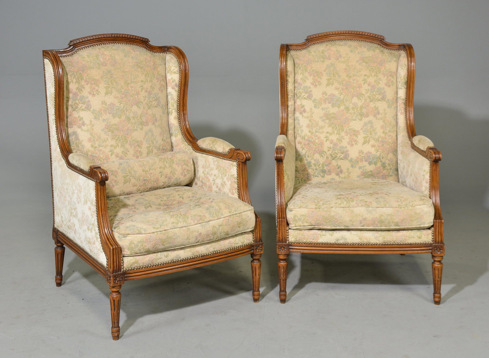 2 Louis XVI Style Upholstered Arm Chairs: 2 French Louis XVI Style Upholstered Arm Chairs - 43 in tall x 27 x 30