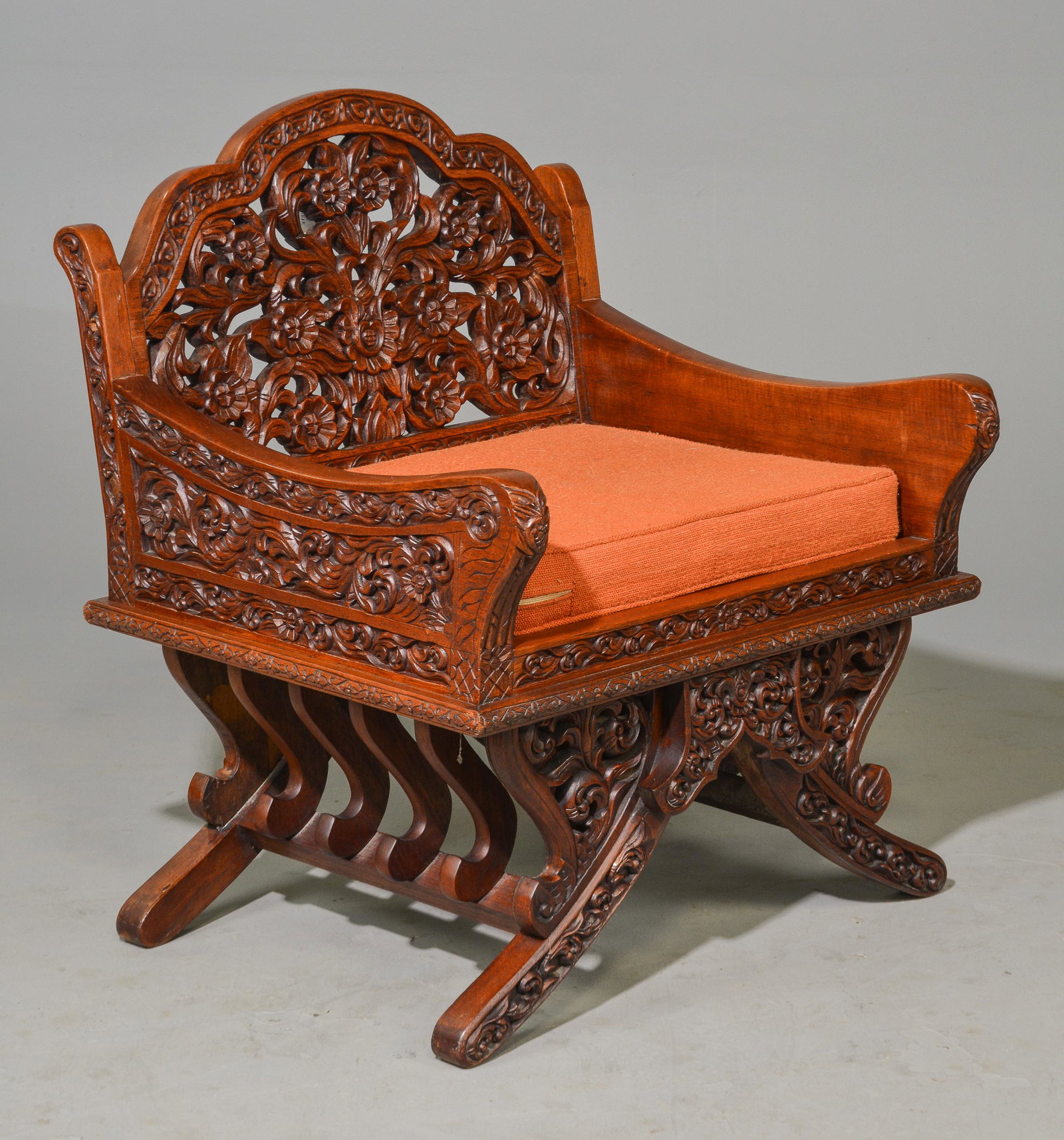 Antique Carved Burmese Arm Chair: Antique Carved Burmese Arm Chair - 34 in tall x 29 x 27